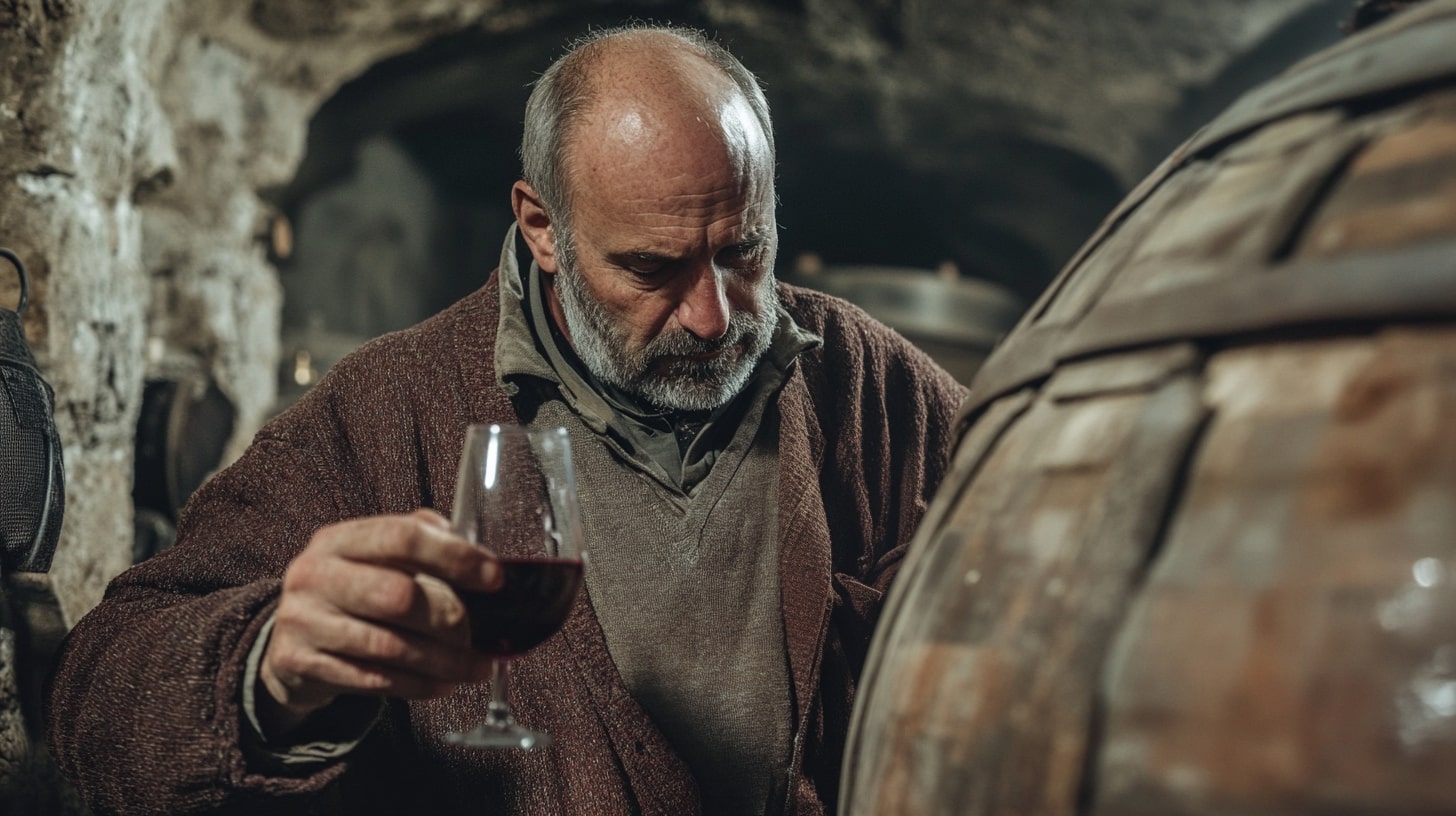 Dégustation d'un verre de vin rouge près d'une cuve