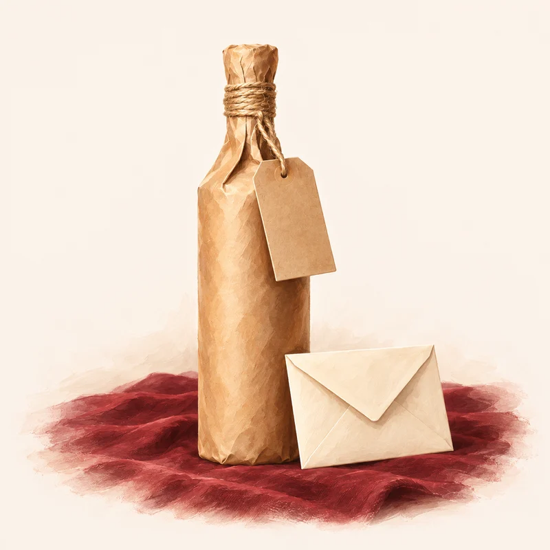 Une bouteille emballée de papier kraft avec une étiquette vierge et une enveloppe
