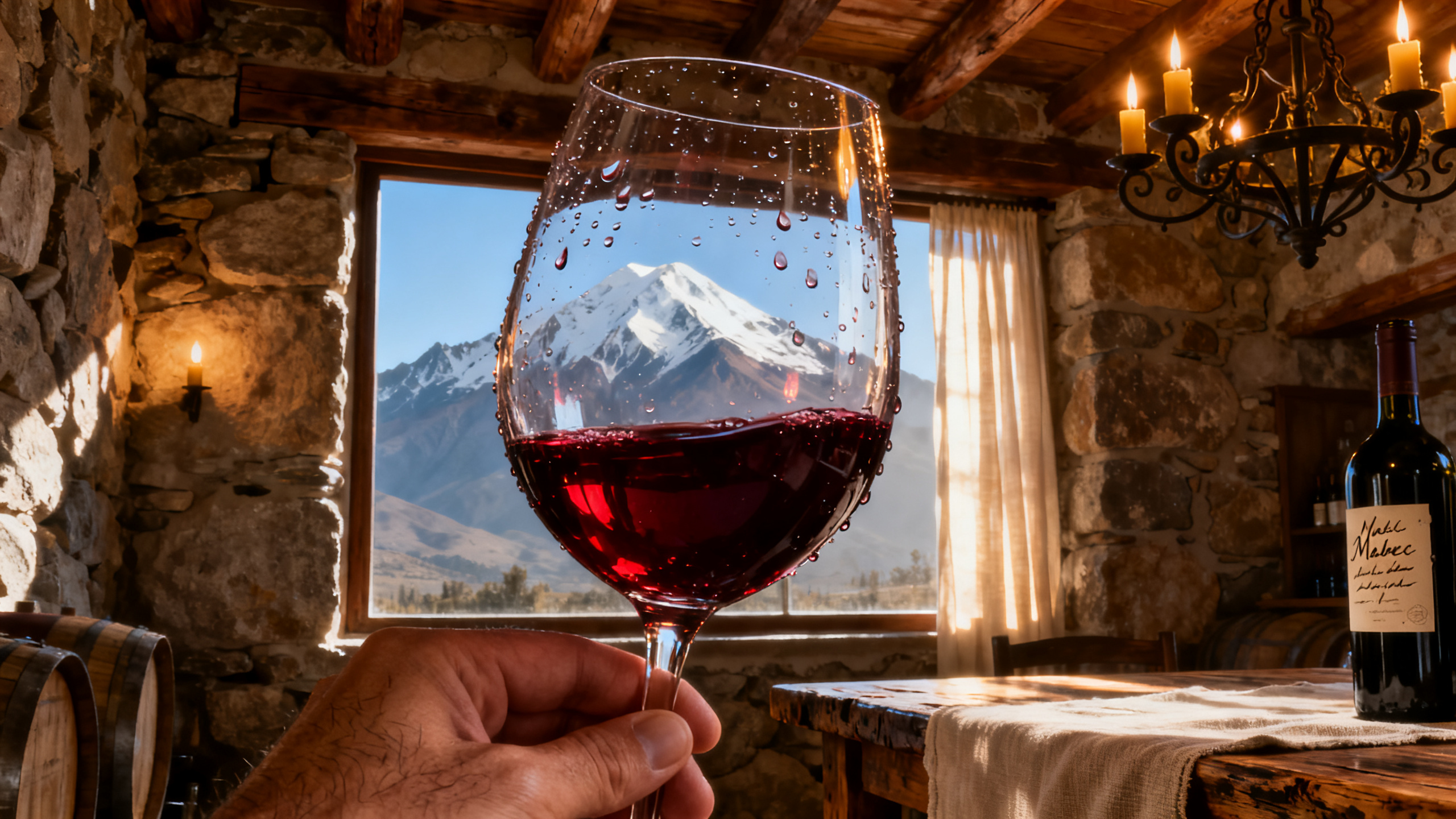 Verre de Malbec argentin, vignobles de Mendoza en arrière-plan