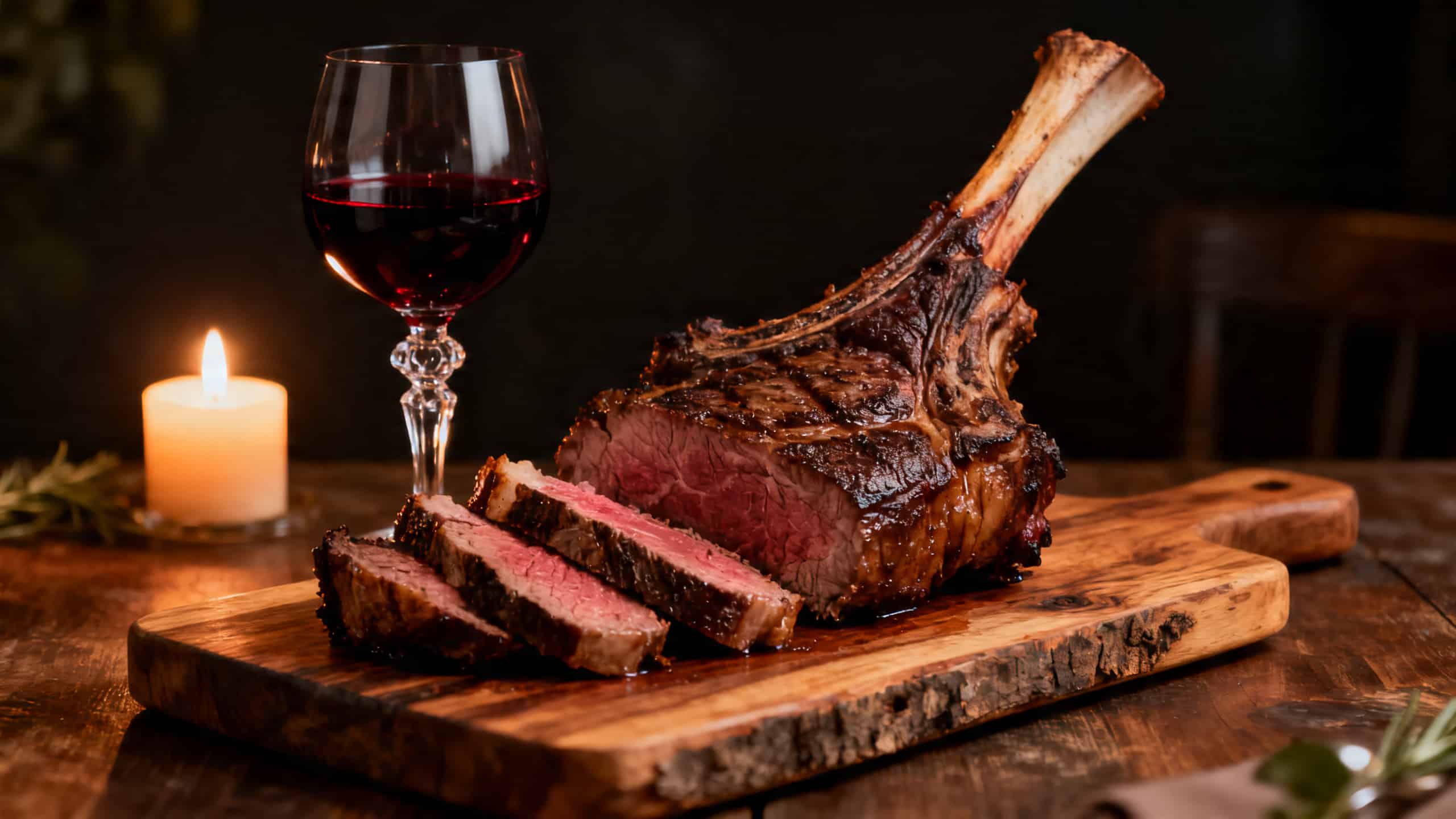 Côte de bœuf parfaitement cuite, tranchée sur une planche en bois, accompagnée d'un verre de vin rouge profond