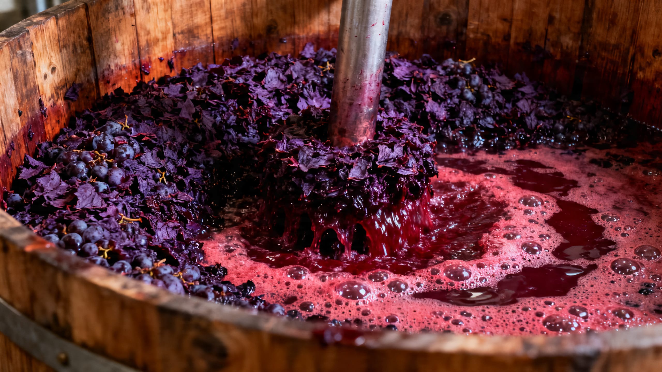 Pigeage dans une cuve de fermentation en chêne : le chapeau de peaux de raisin est enfoncé dans le moût rouge bouillonnant