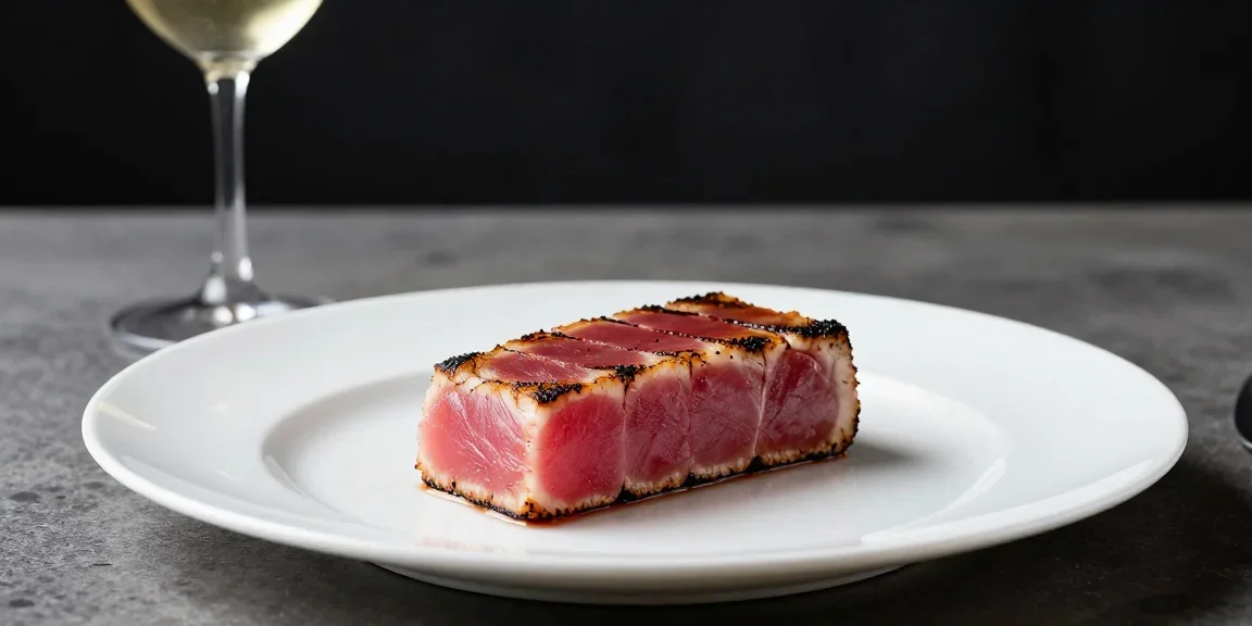 Pavé de thon mi-cuit aux graines de sésame accompagné d'un verre de vin rouge léger