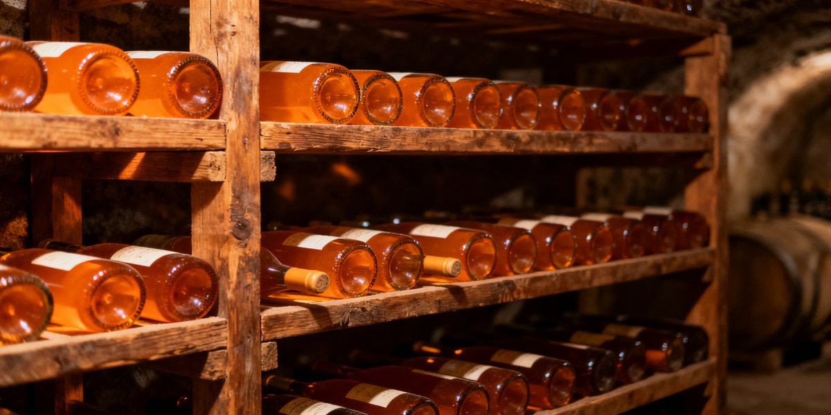 bouteilles de vin orange alignees dans une cave