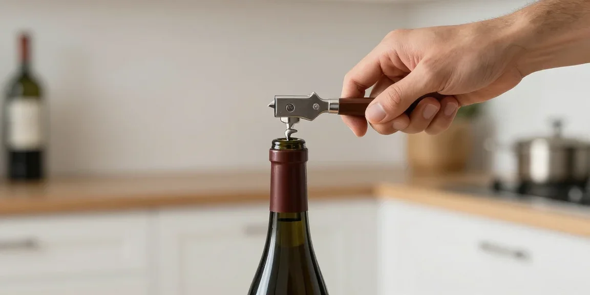 Main utilisant un coupe-capsule manuel sur le goulot d'une bouteille de vin rouge