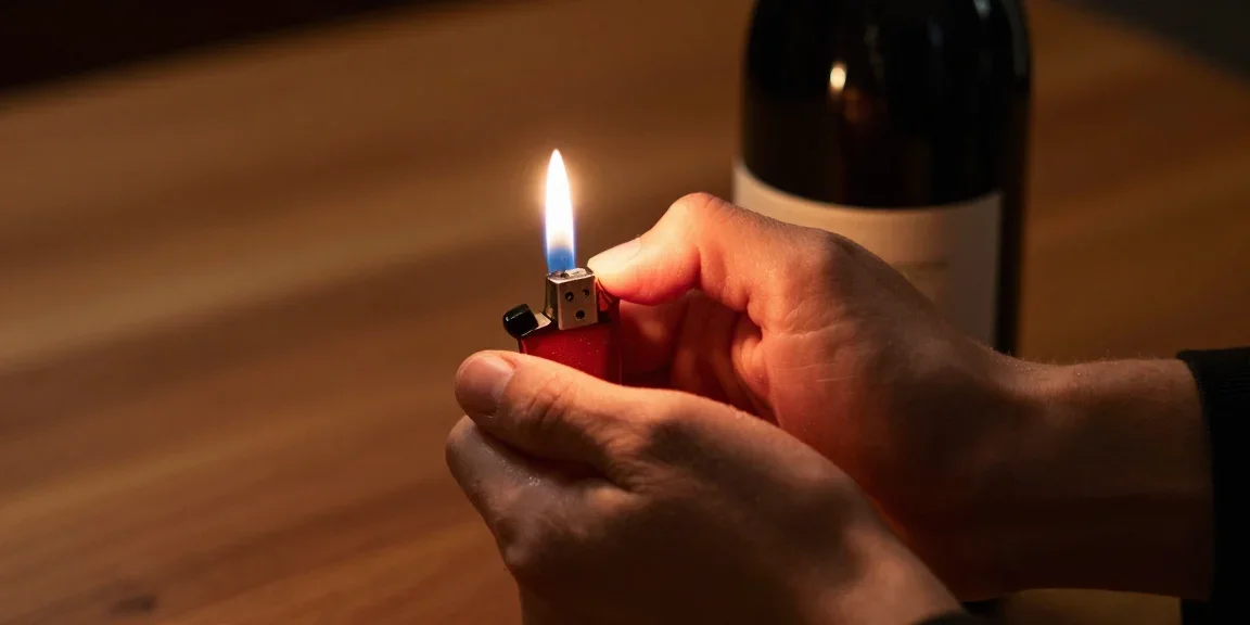 chauffer le goulot d'une bouteille de vin avec un briquet
