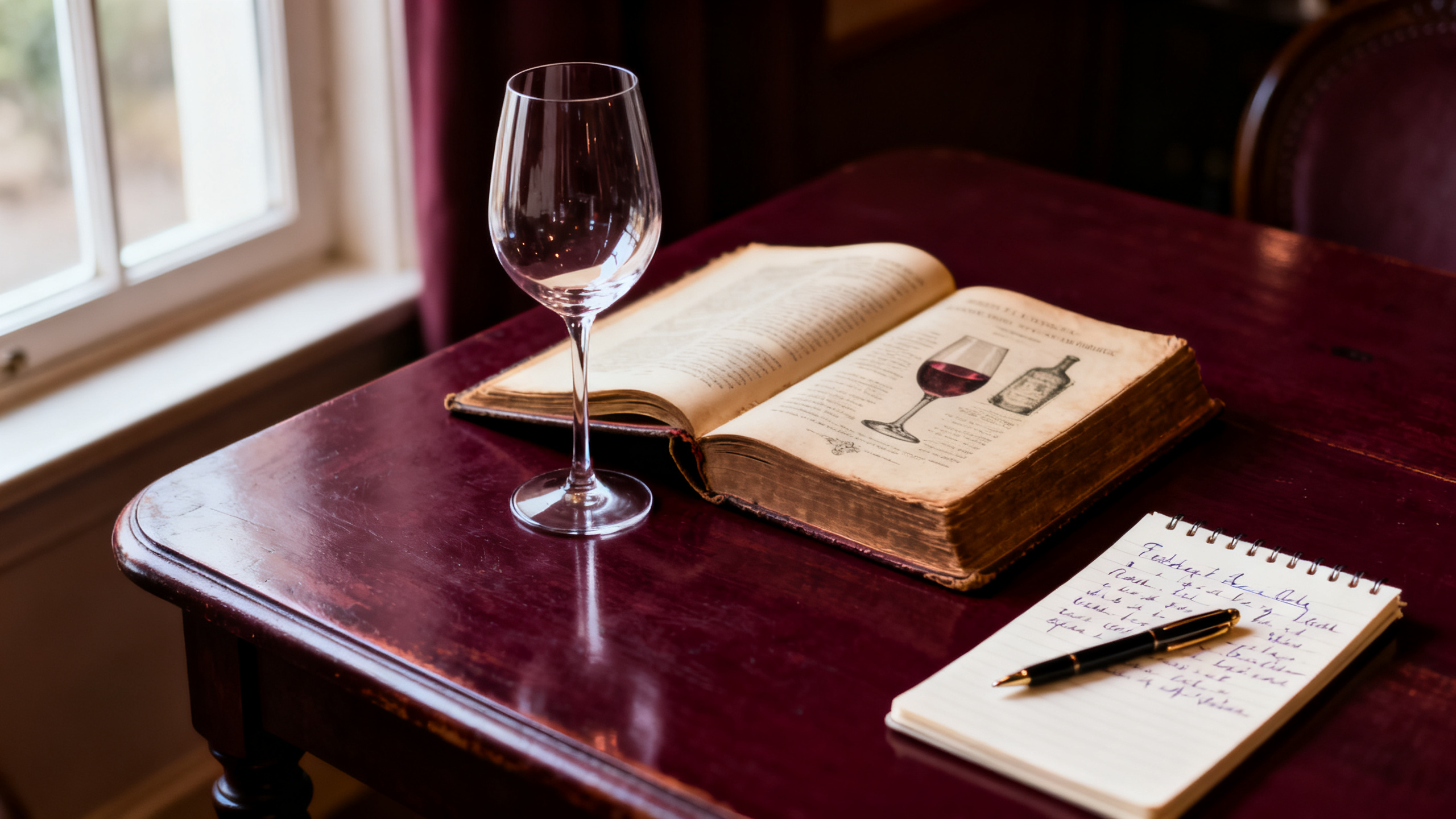 Carnet de dégustation et verre de vin sur table en bois — méthode éditoriale Vinabox