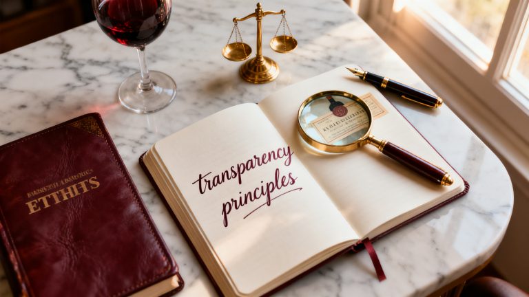 Bureau éditorial Vinabox avec carnet de notes, loupe sur étiquette de vin, balance dorée et verre de vin rouge, illustrant la transparence éditoriale