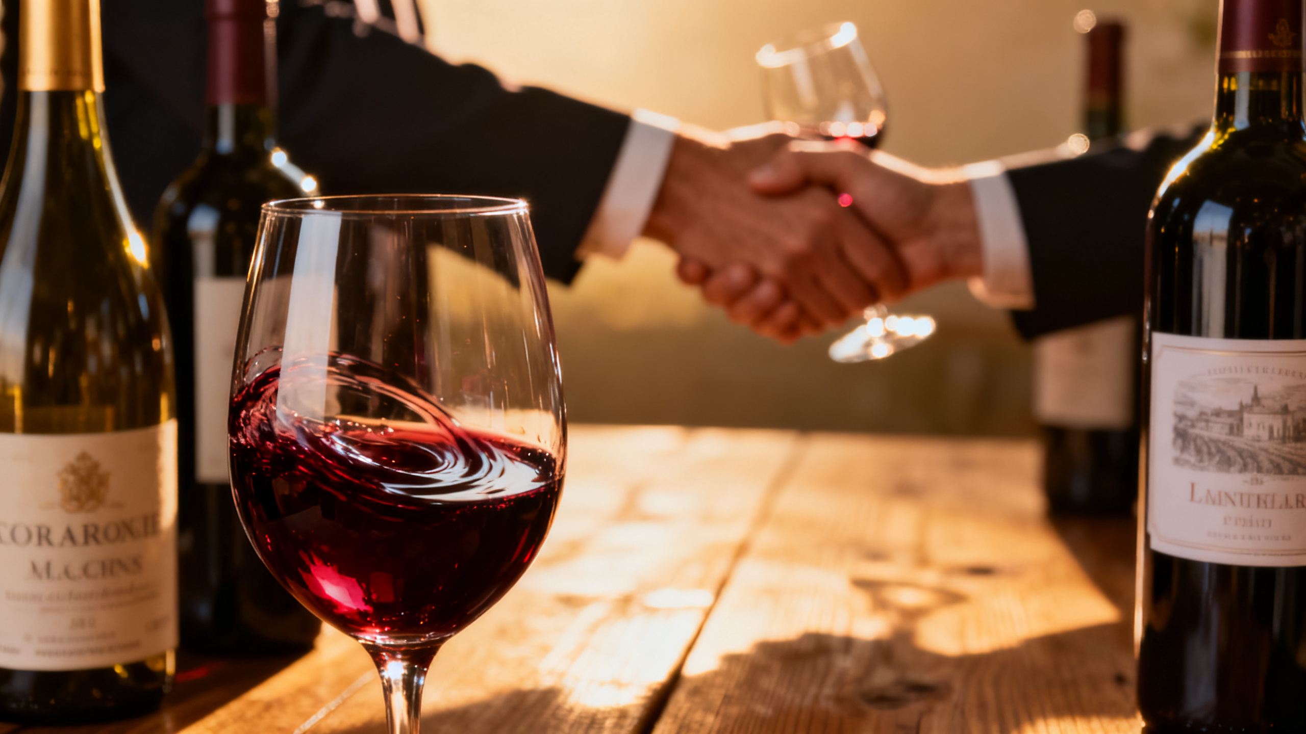 Verre de vin rouge en gros plan avec poignée de main floutée à l'arrière-plan, symbole des partenariats transparents de Vinabox