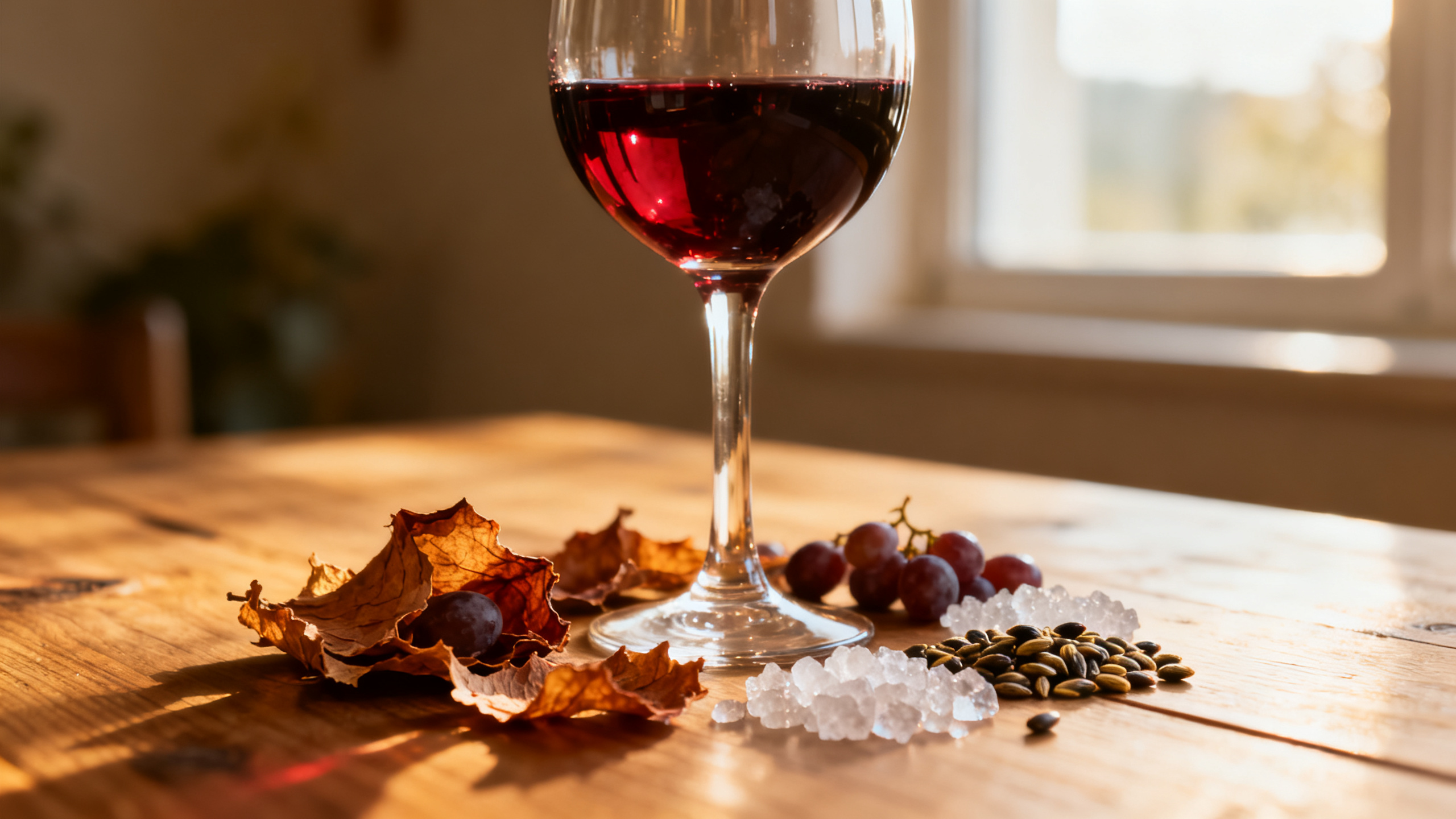 Verre de vin rouge entouré de pépins, peaux de raisin et cristaux de sulfites, illustrant les coupables d'une allergie au vin