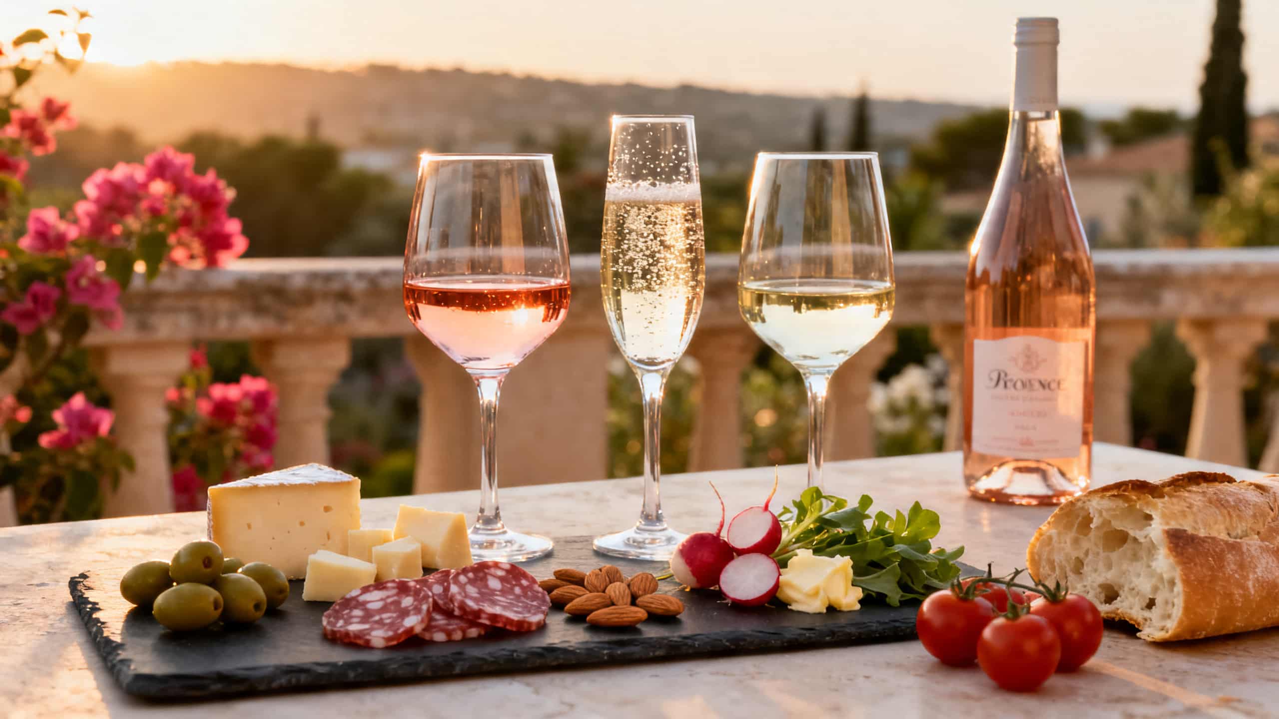 Apéritif vin sur terrasse au printemps : bouteille de rosé de Provence, crémant et planche de charcuterie