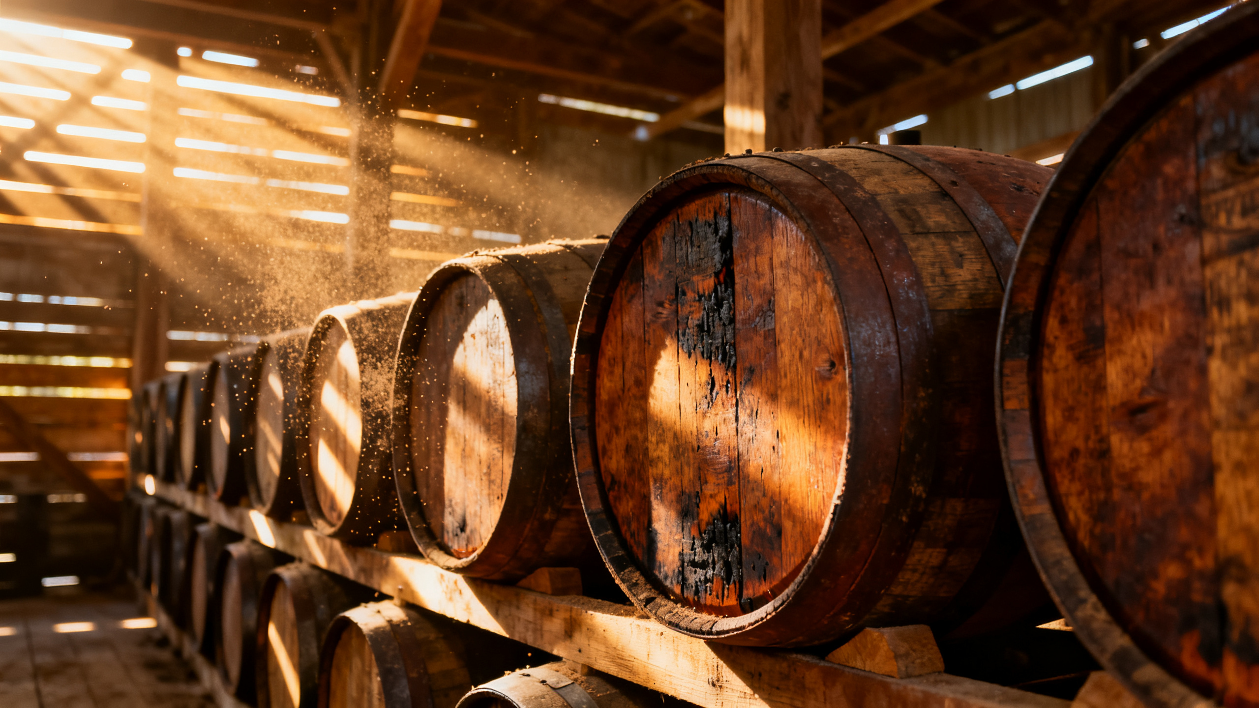 Fûts de bourbon américain empilés dans un chai du Kentucky