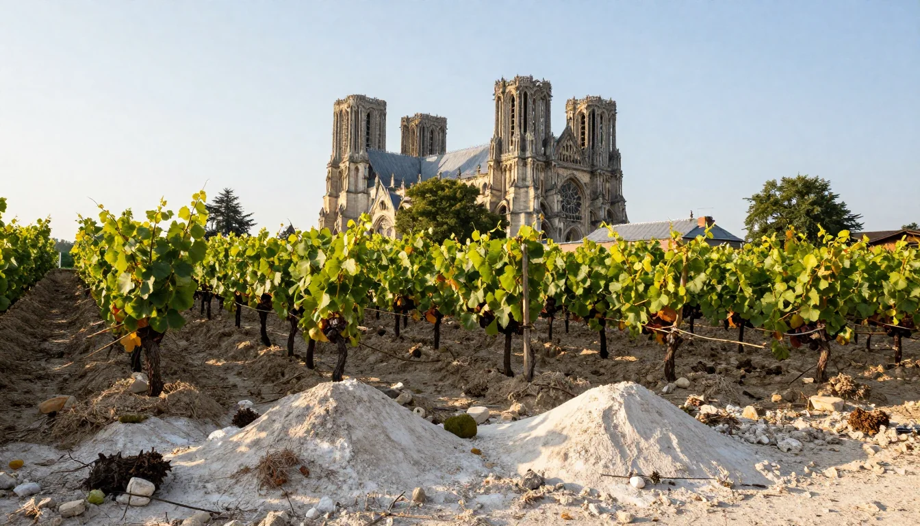 Vignoble de Champagne sur sol de craie, rangs de Chardonnay au printemps