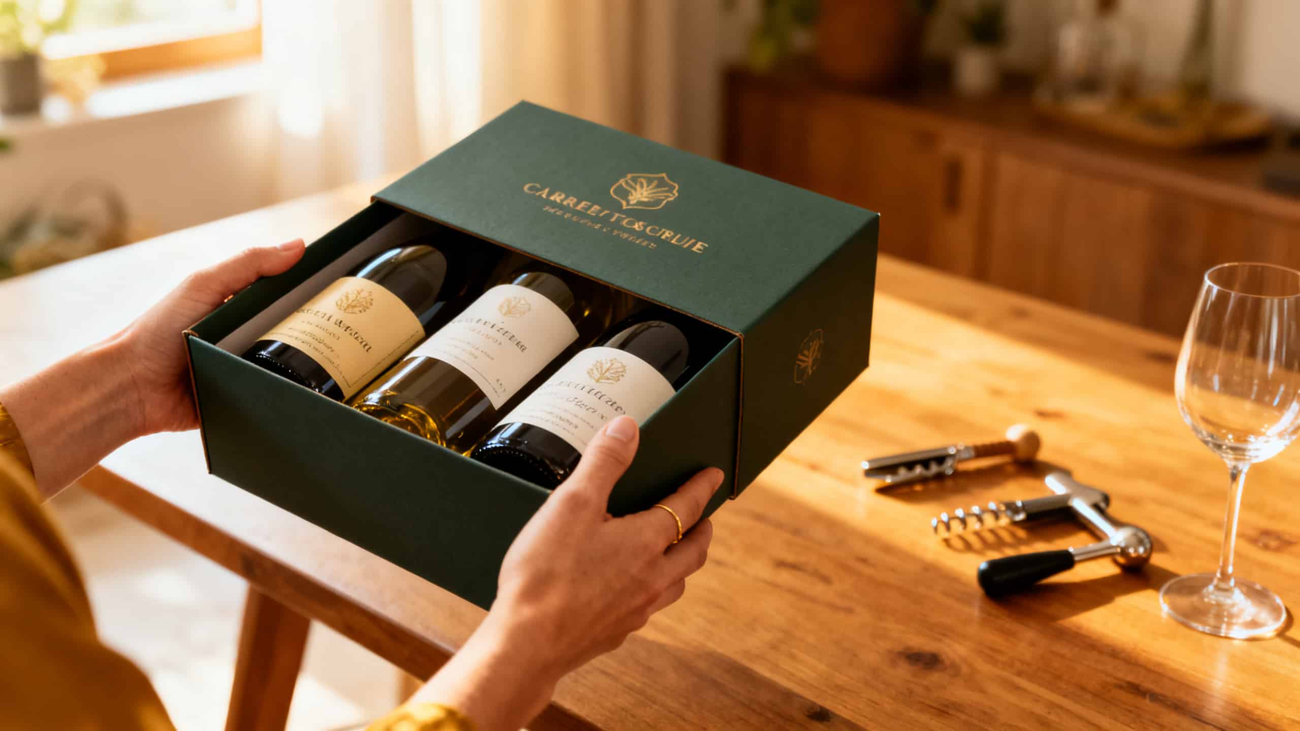 Main tenant une box vin d'abonnement dans un intérieur chaleureux