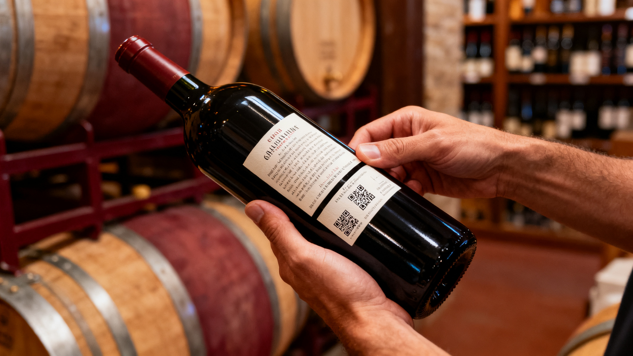 Mains tenant une bouteille de vin pour lire la contre-étiquette au dos