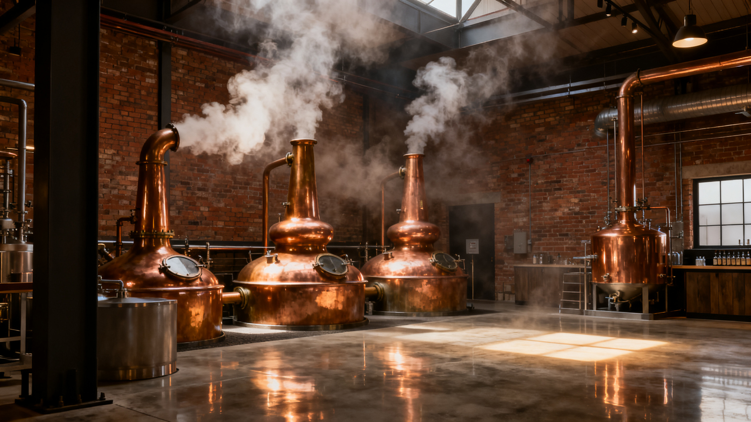 Intérieur d'une distillerie moderne avec alambics en cuivre