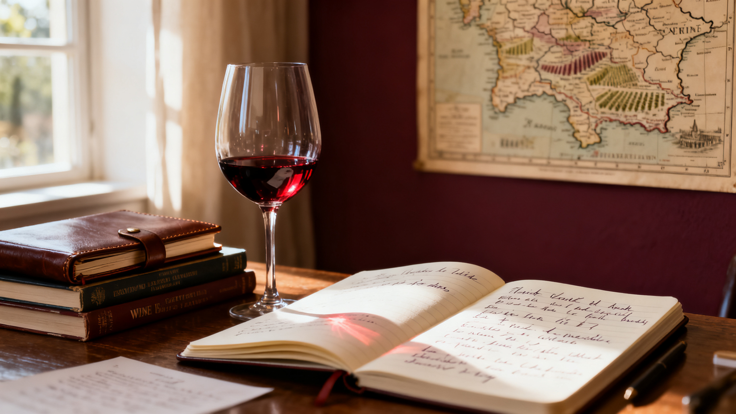 Carnet de dégustation, verre de vin et livres de référence — équipe éditoriale Vinabox