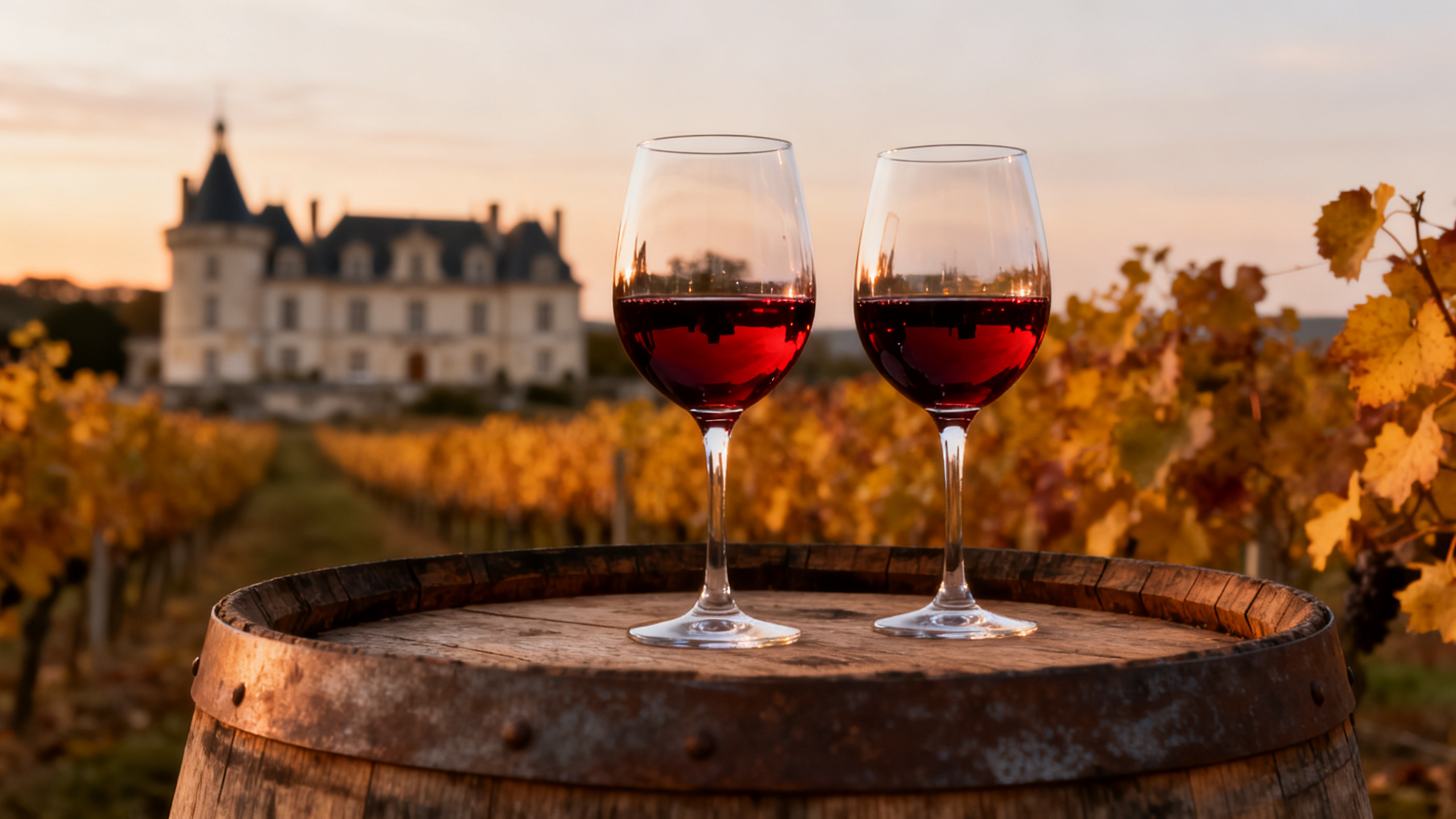 Verres de vin rouge Bordeaux sur tonneau — millésimes France