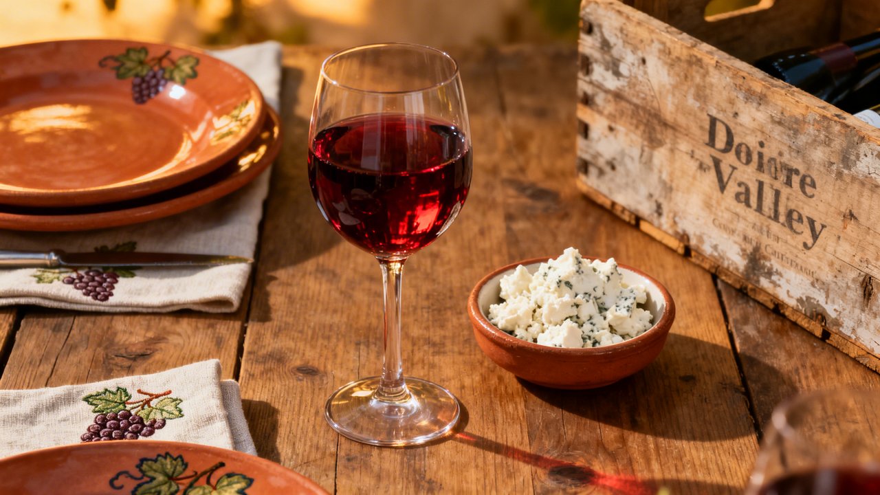 Verre de cabernet franc avec plateau de fromages de chèvre de Loire