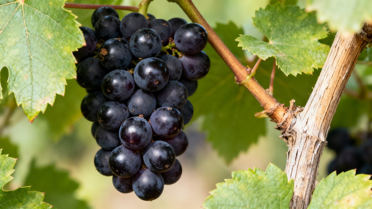 Grappe de cabernet franc sur pied de vigne avec feuilles vertes