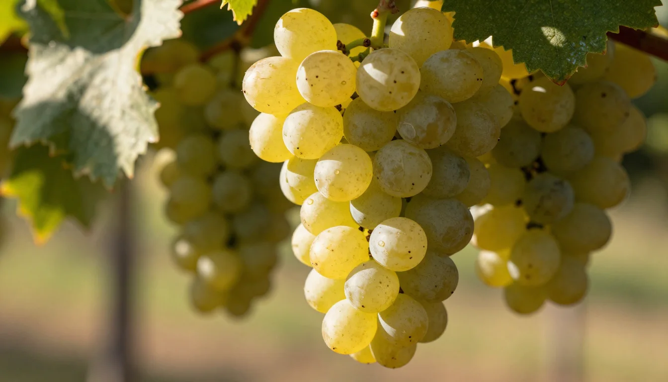 Grappe de marsanne dorée sur pied de vigne en été