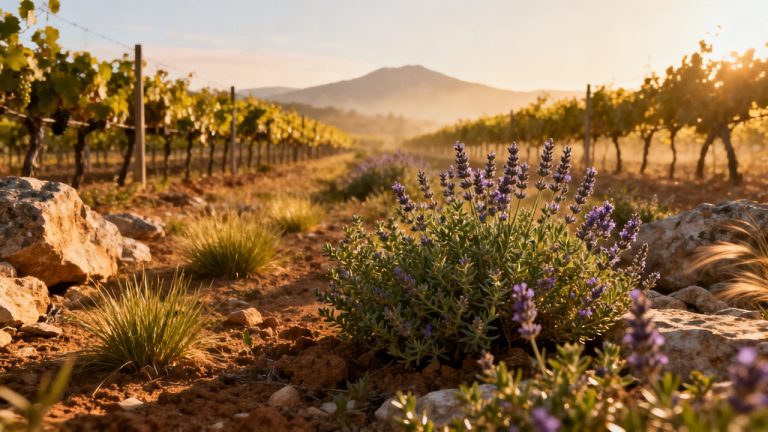 Vignoble de Provence dans la garrigue, vieilles vignes de Mourvèdre sous le soleil méditerranéen
