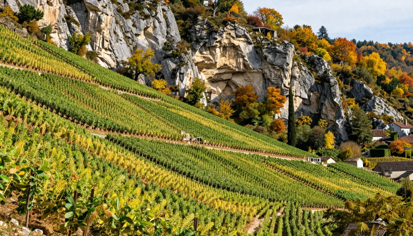 Vignoble de savagnin dans le Jura avec vue sur les coteaux