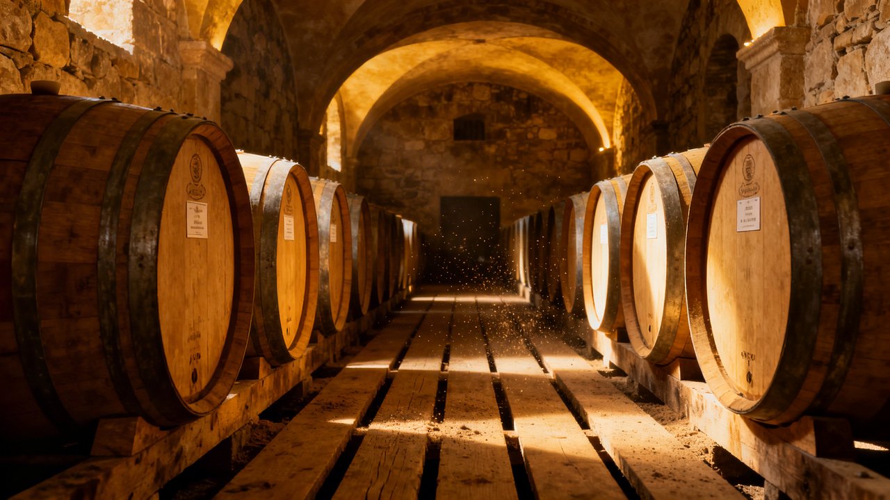 Barriques de chêne dans une bodega espagnole pour élevage tempranillo