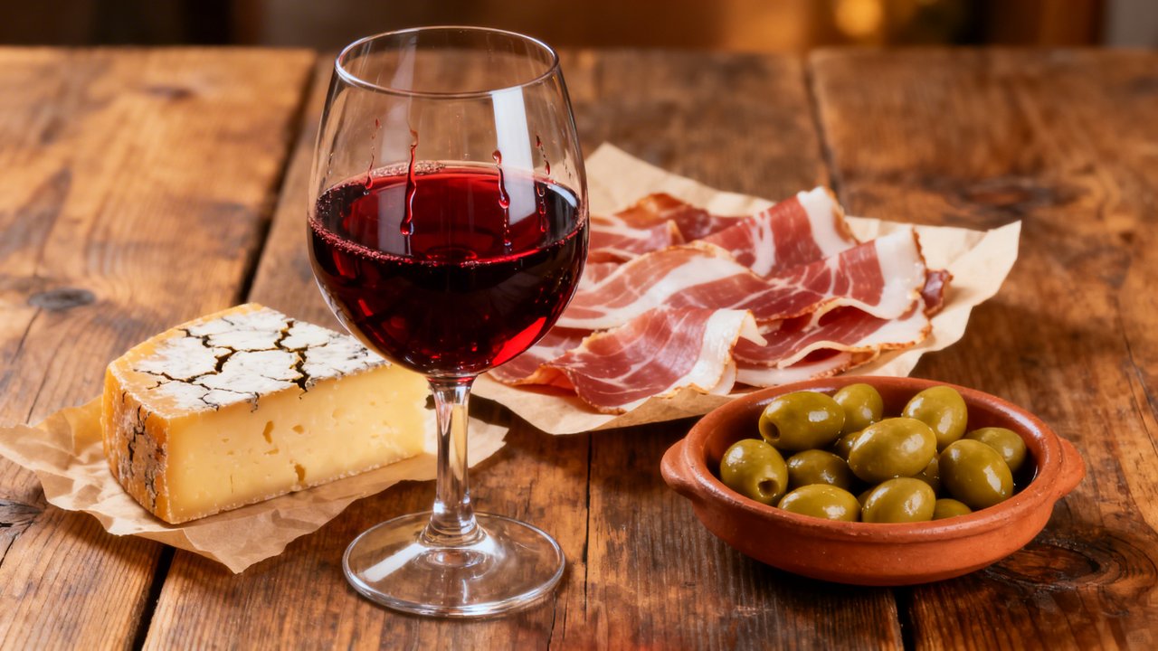Tapas espagnoles et verre de vin rouge tempranillo