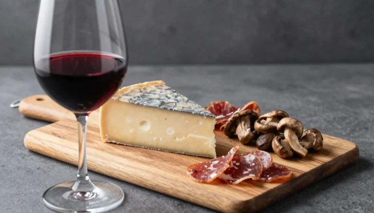 Planche de charcuterie et comté avec un verre de rouge du Jura