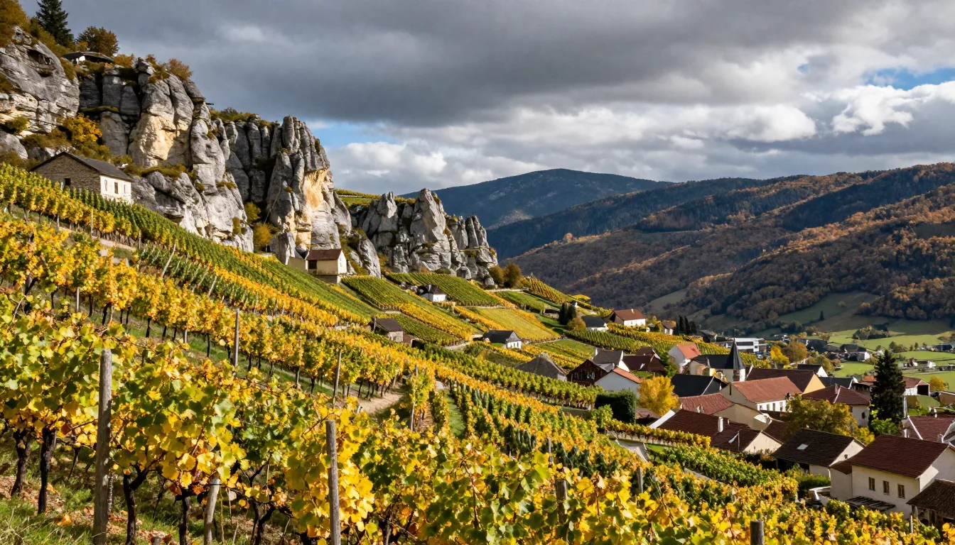 Vignoble de trousseau dans le Jura avec vue sur les collines