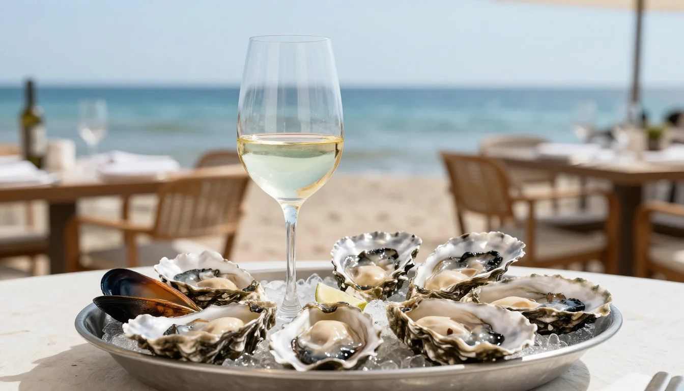 Verre de vermentino blanc avec plateau de fruits de mer en bord de mer