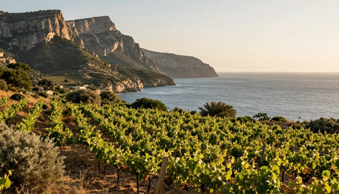 Vignoble de vermentino en Corse avec vue sur la mer Méditerranée