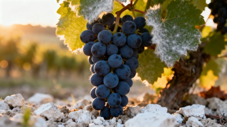 Grappes de Pinot Meunier en Champagne au lever du soleil