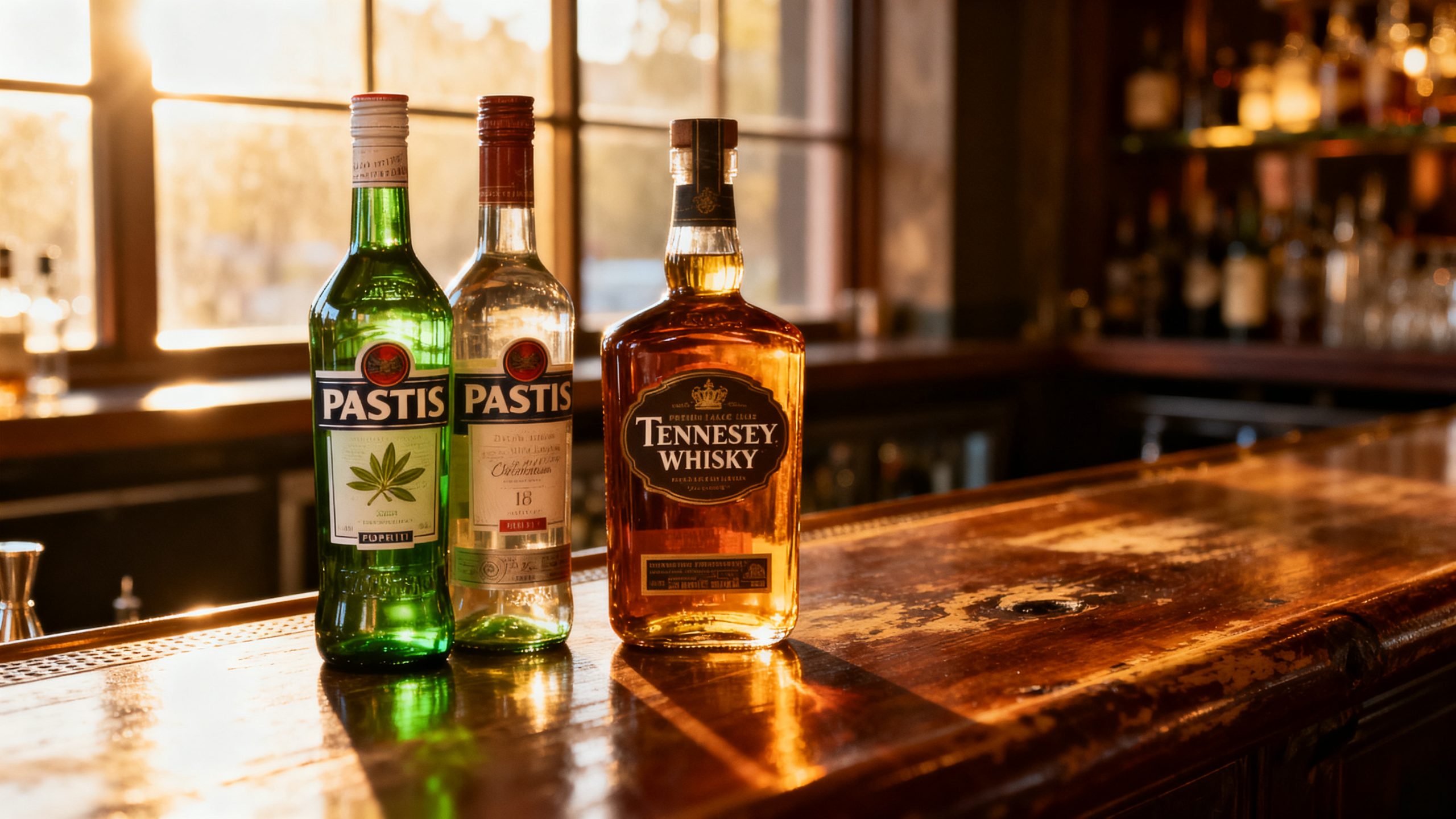 Comptoir de bar avec bouteilles de spiritueux français et whisky américain côte à côte