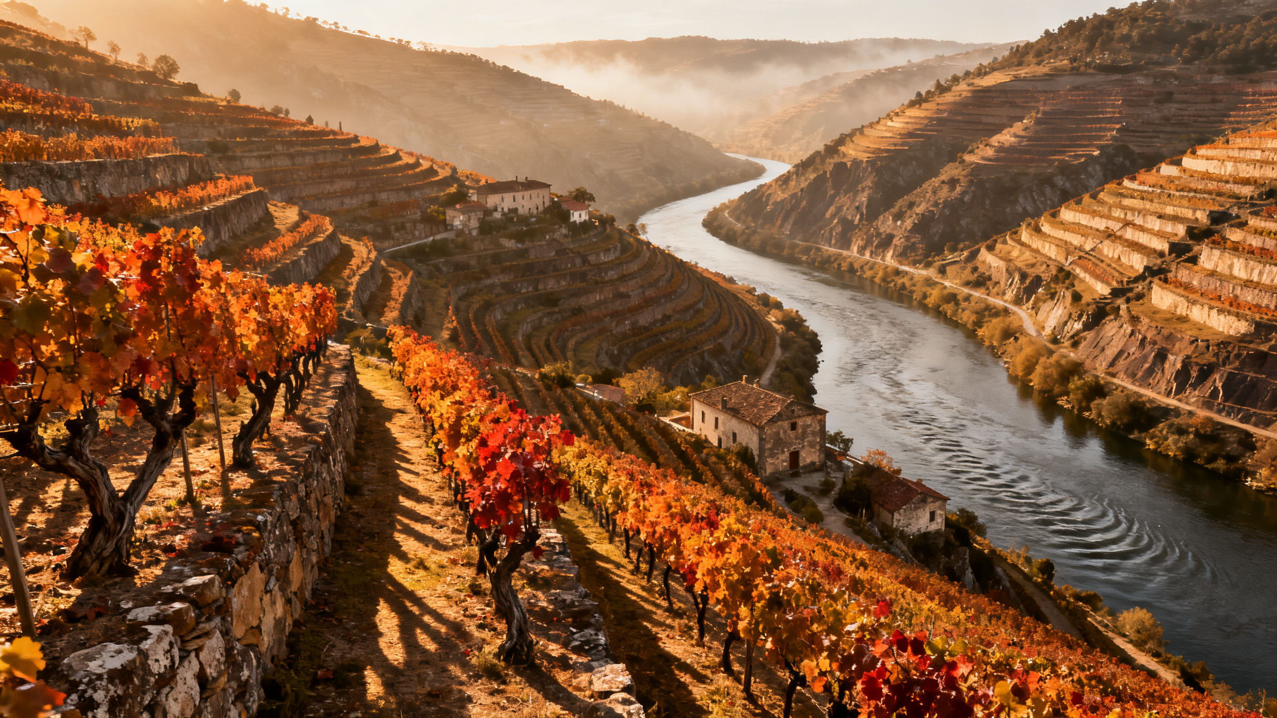 Vignobles en terrasses du Douro au coucher du soleil — vins du Portugal