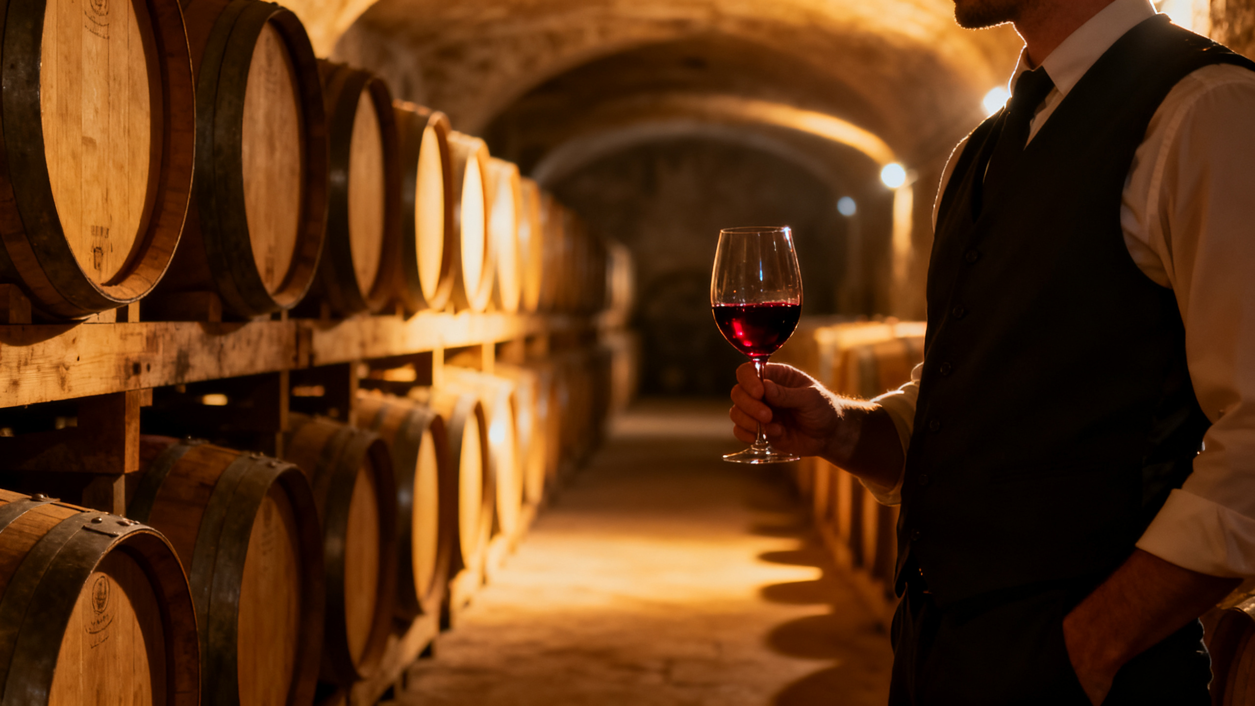 Chai bordelais avec barriques de chêne et sommelier dégustant le millésime 2025 lors des primeurs Bordeaux 2026