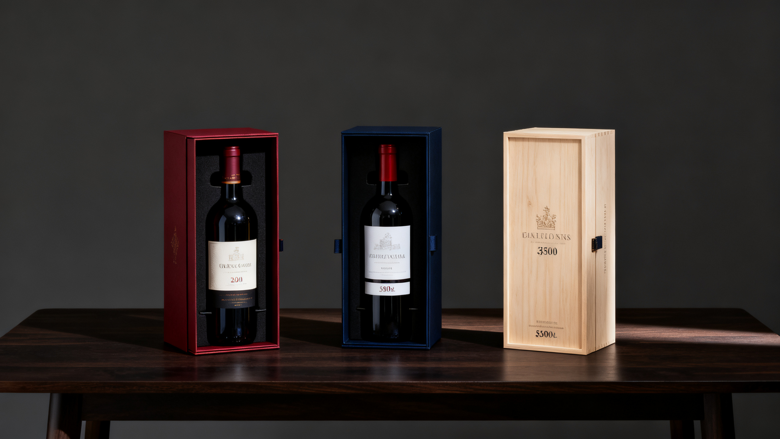 Trois formats de cadeaux vin présentés selon différents budgets sur une table en bois sombre