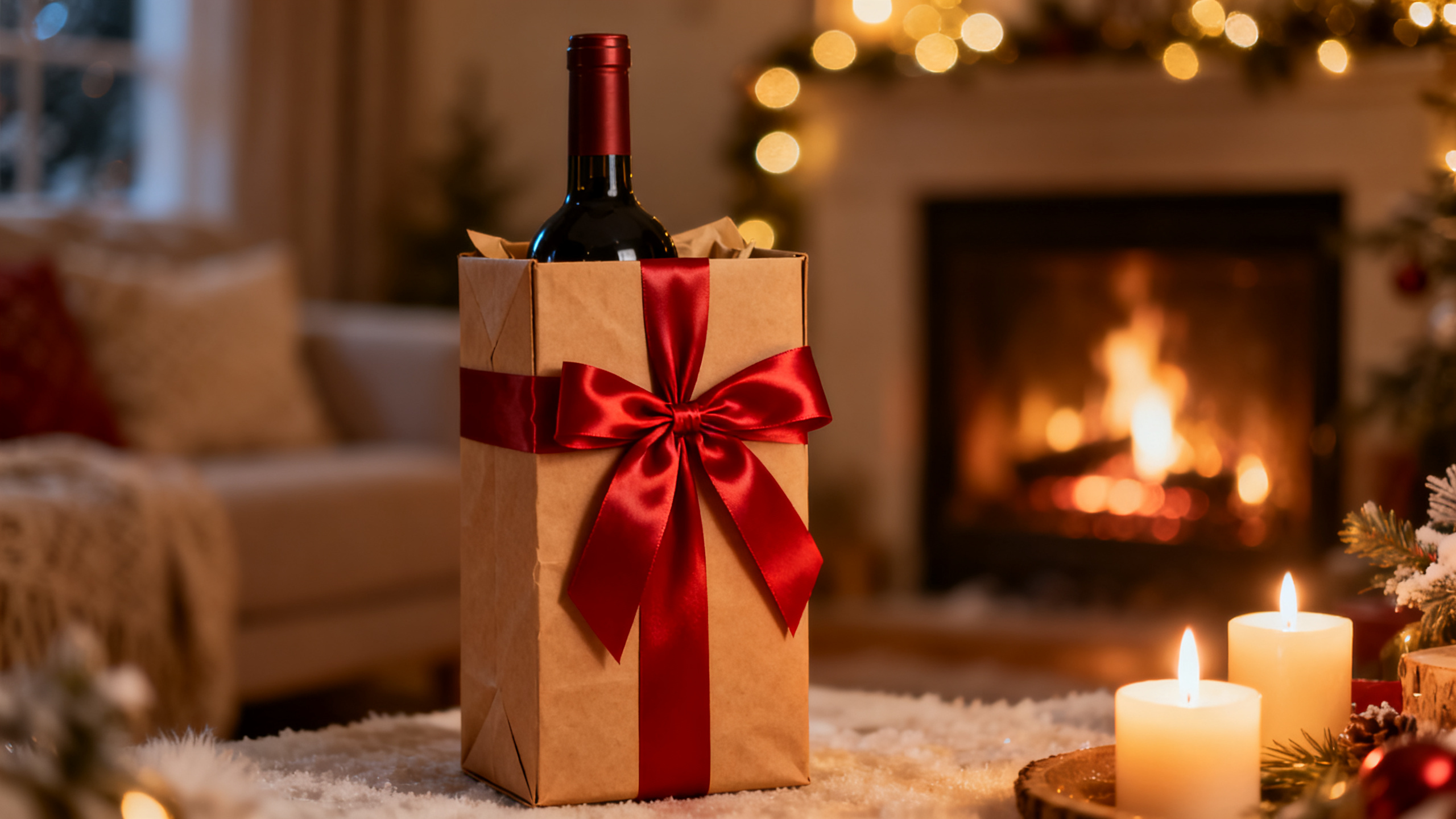 Coffret cadeau vin emballé avec ruban rouge dans un salon cosy