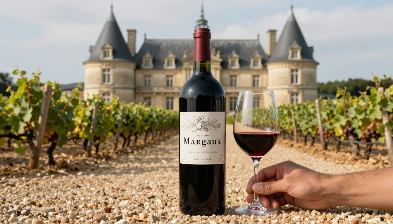 Dégustation d'un grand cru de Margaux robe grenat dans un verre