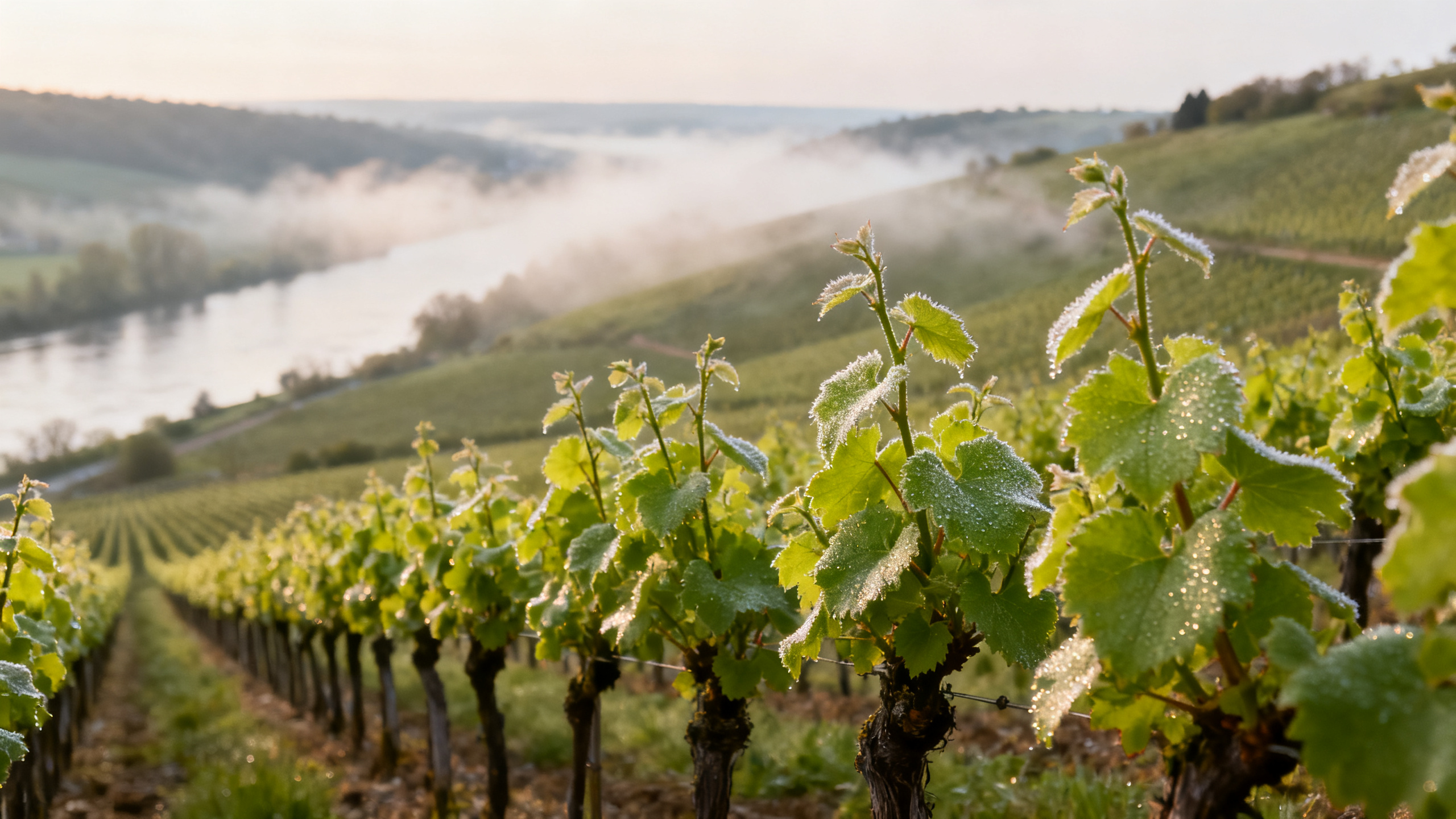 Vignes de Pinot Meunier en vallée de la Marne au printemps