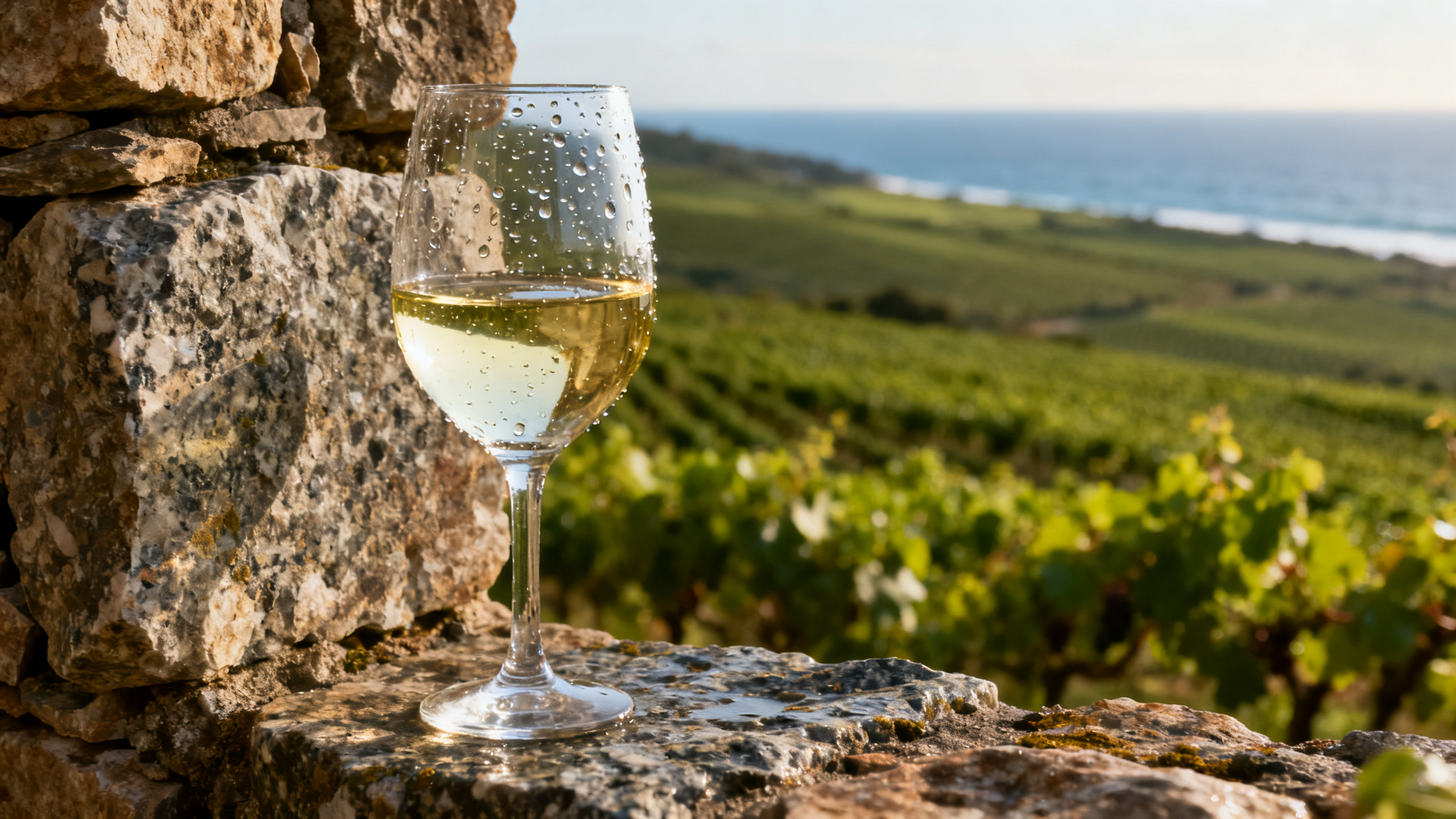 Verre de Vinho Verde sur muret de pierre — vignobles du Minho