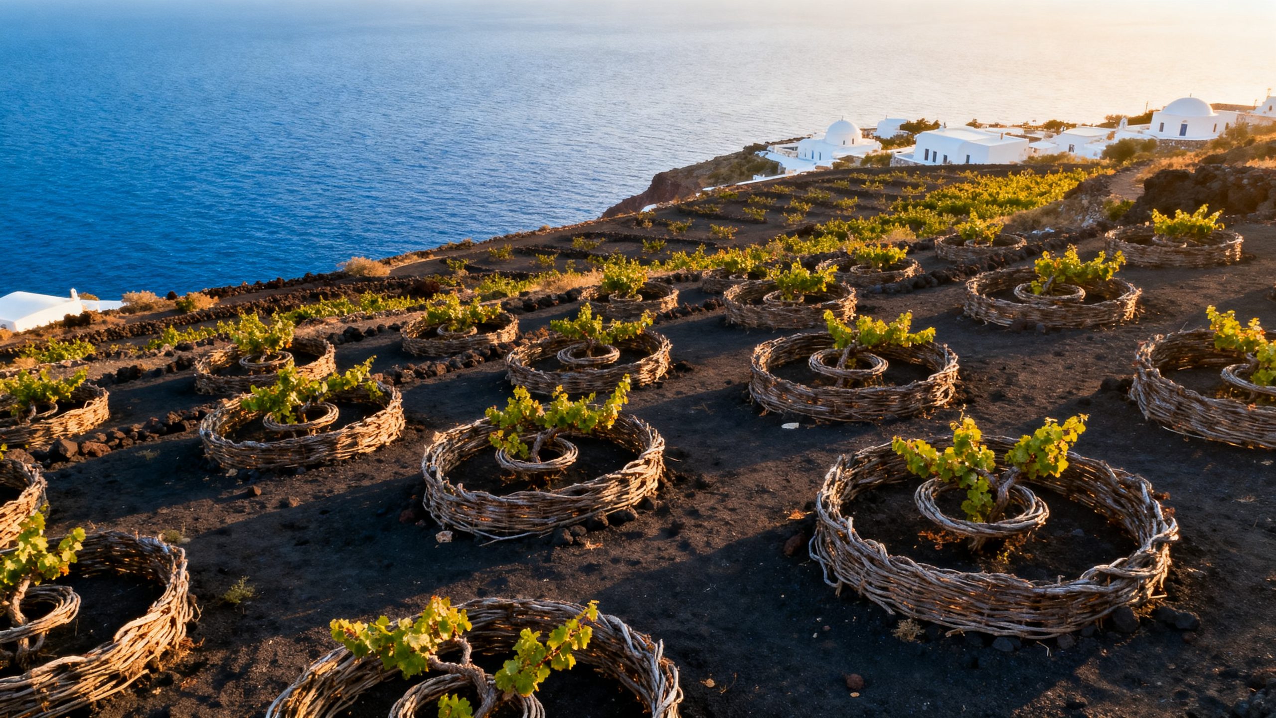 Vignobles en kouloura à Santorin sur sol volcanique noir avec mer Égée à l horizon