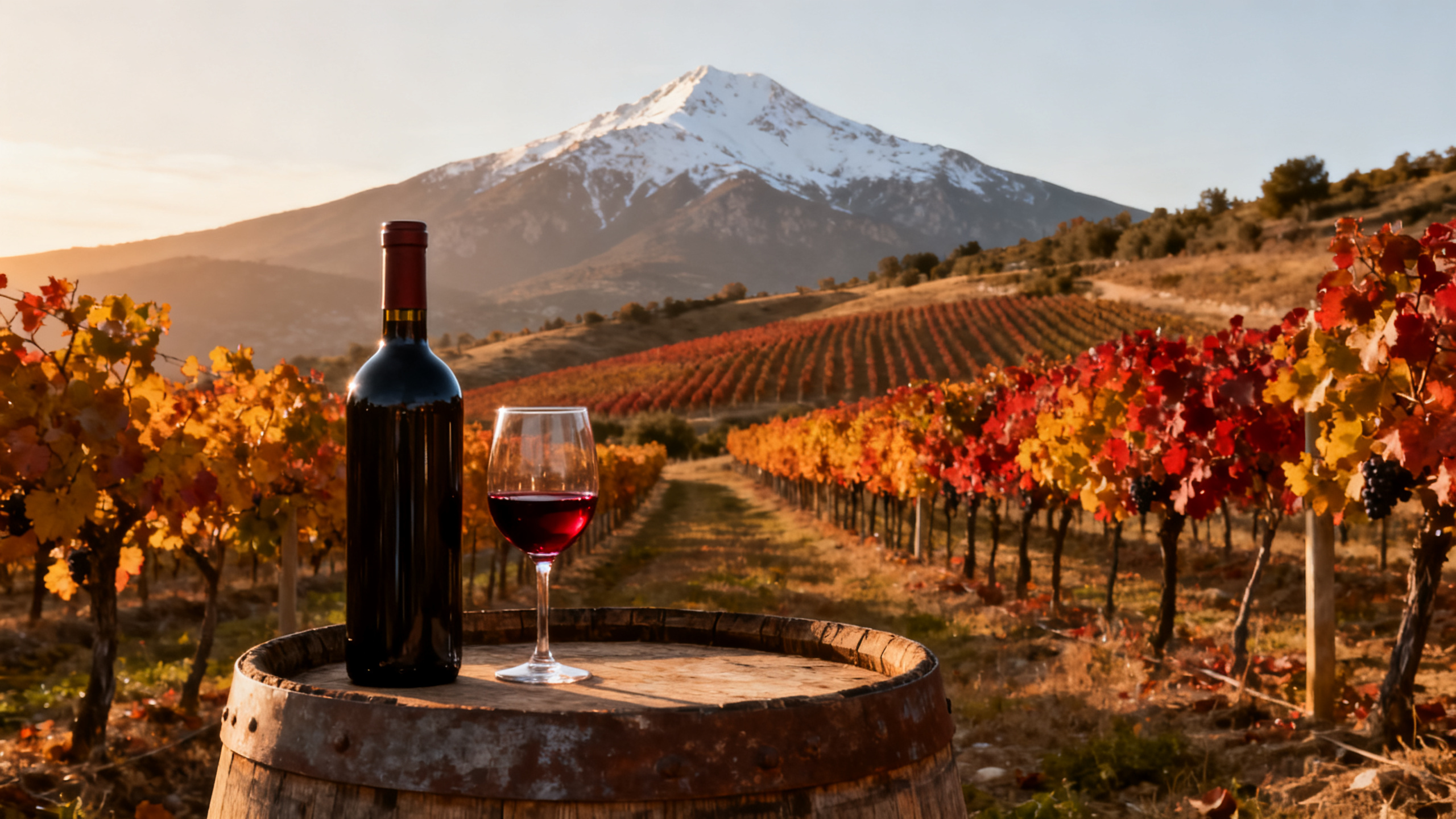 Vignobles de Naoussa au pied du Mont Vermion enneigé, verre de vin Xinomavro rouge profond posé sur un tonneau