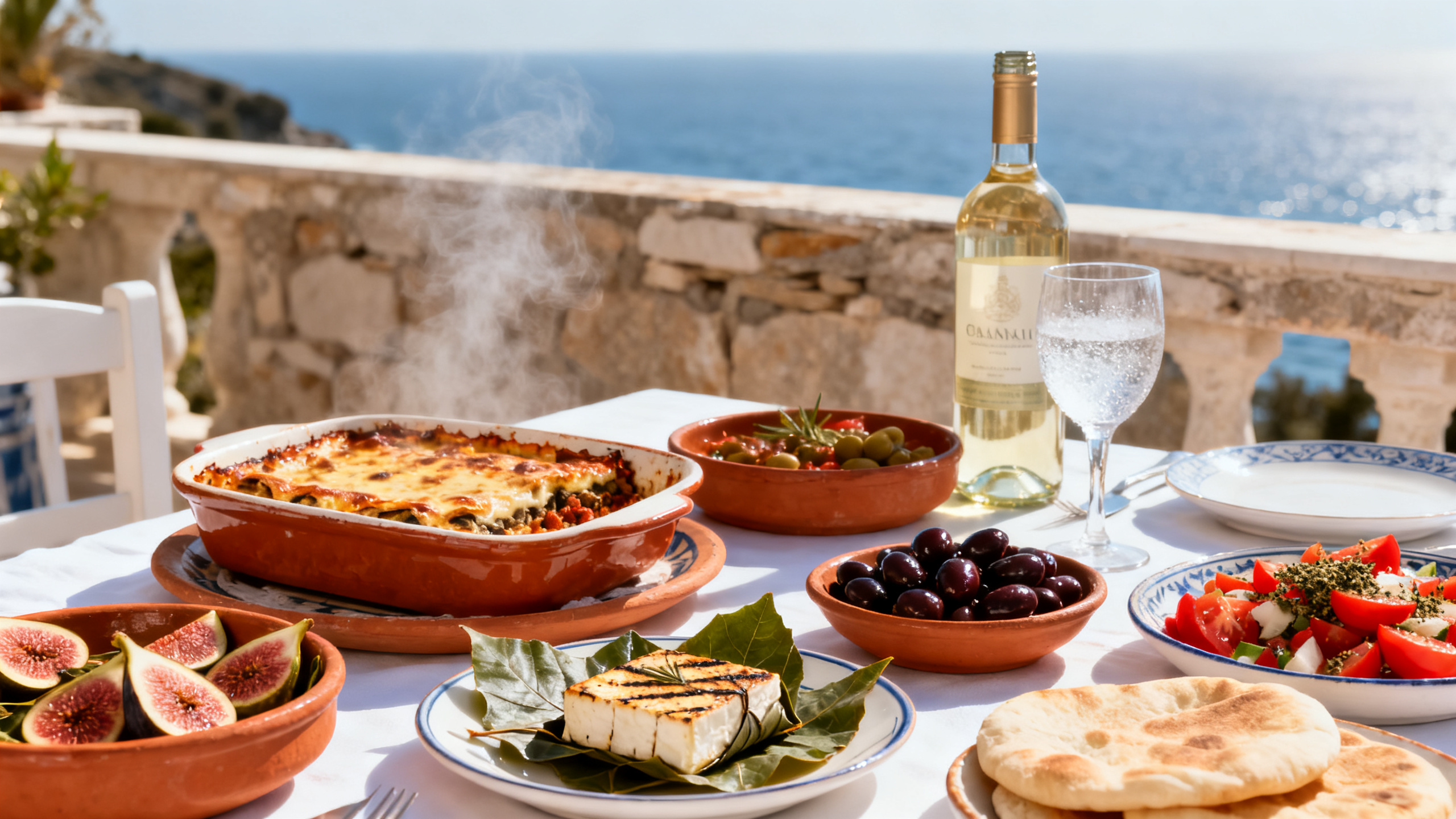 Table grecque traditionnelle avec moussaka, feta, olives, salade horiatiki et bouteille de vin grec
