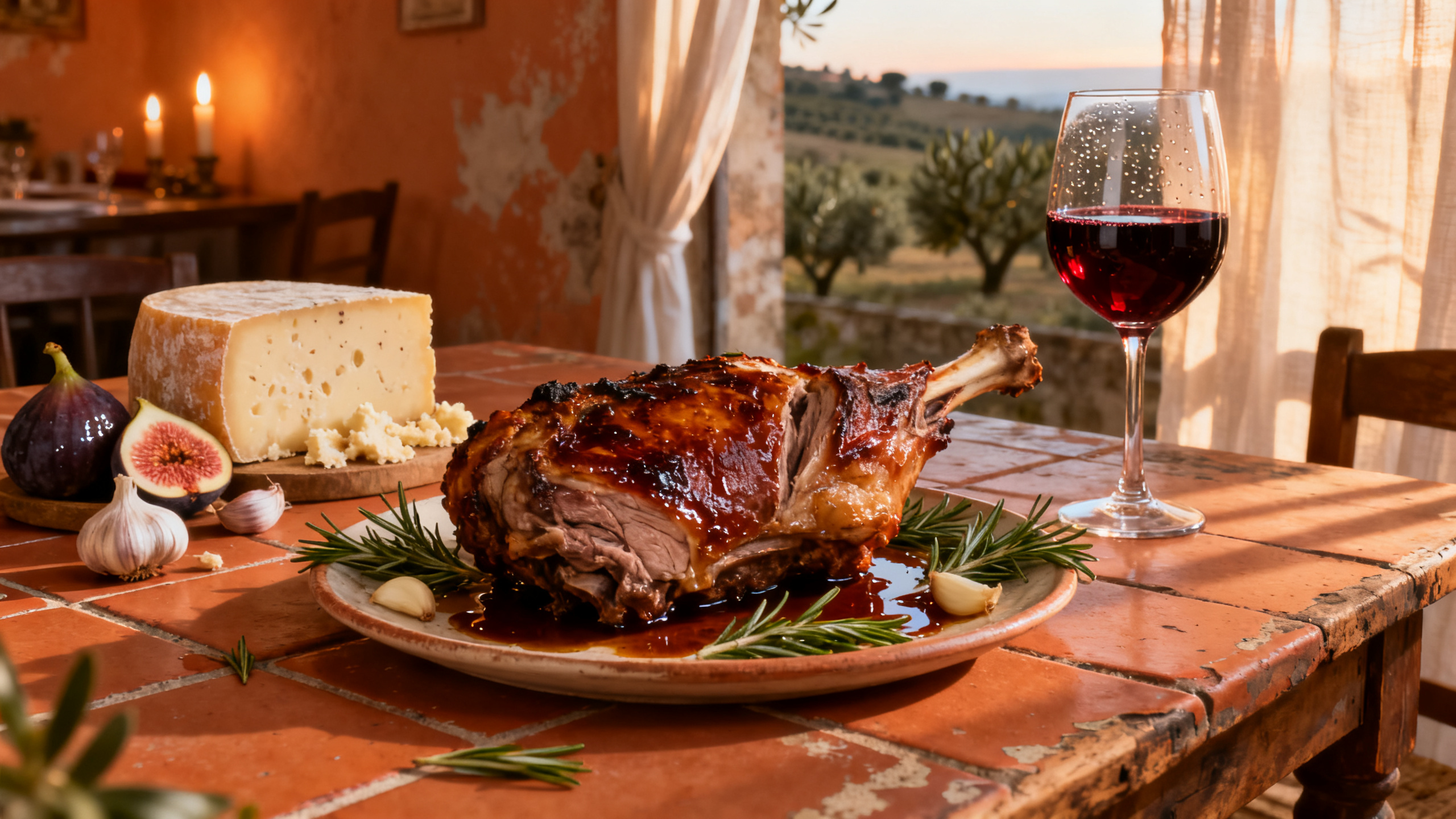 Accord Aglianico avec agneau rôti pecorino et figues sur table en terre cuite napolitaine — Vinabox