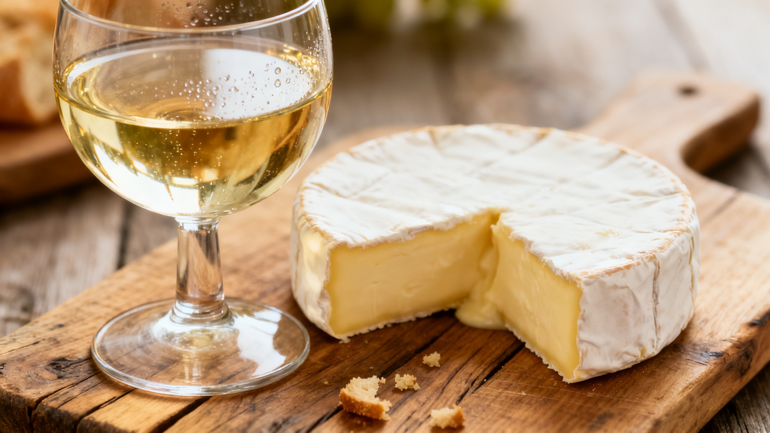 Verre de vin blanc avec fromage à pâte molle sur planche en bois