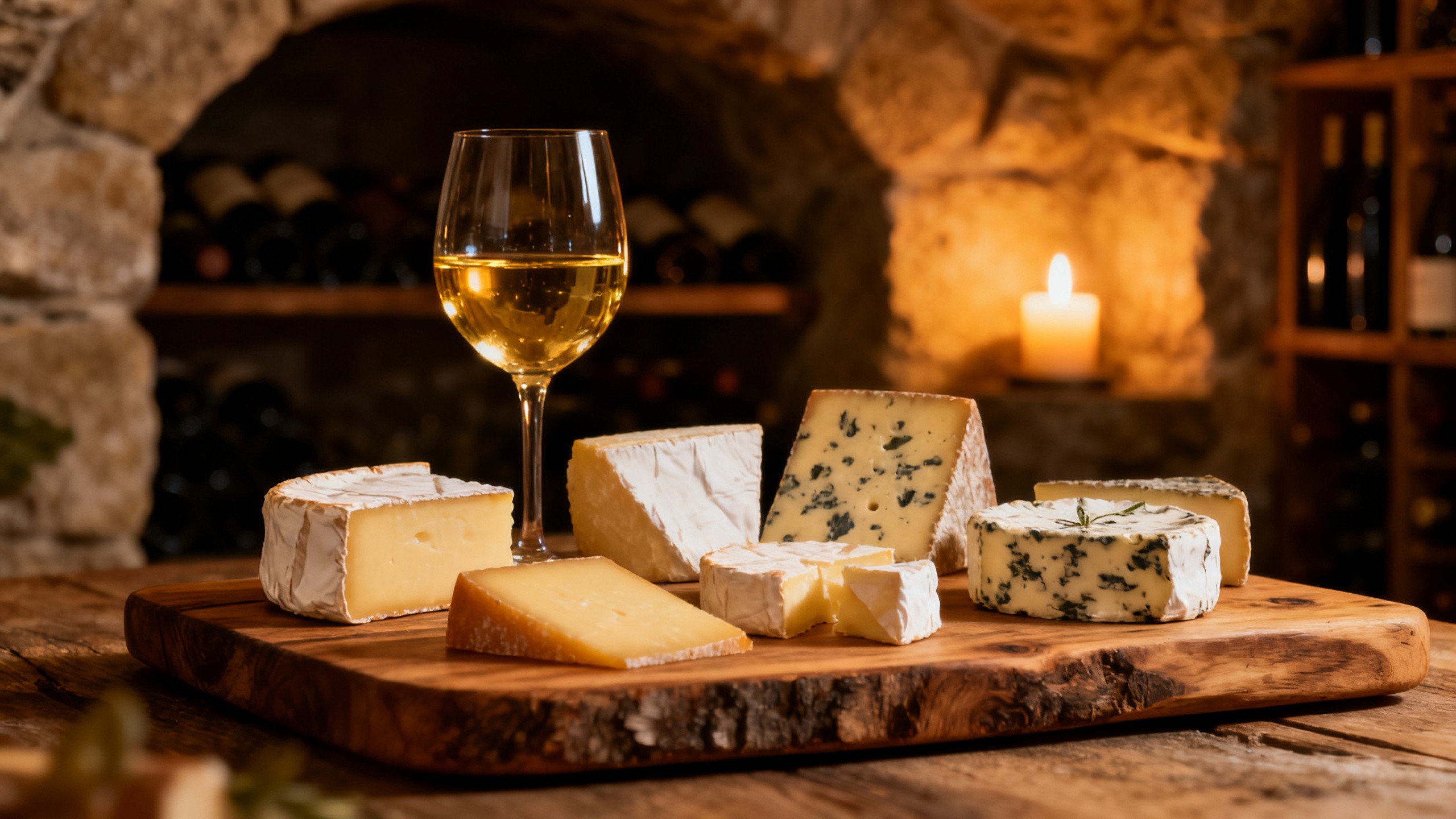 Plateau de fromages variés avec un verre de vin blanc