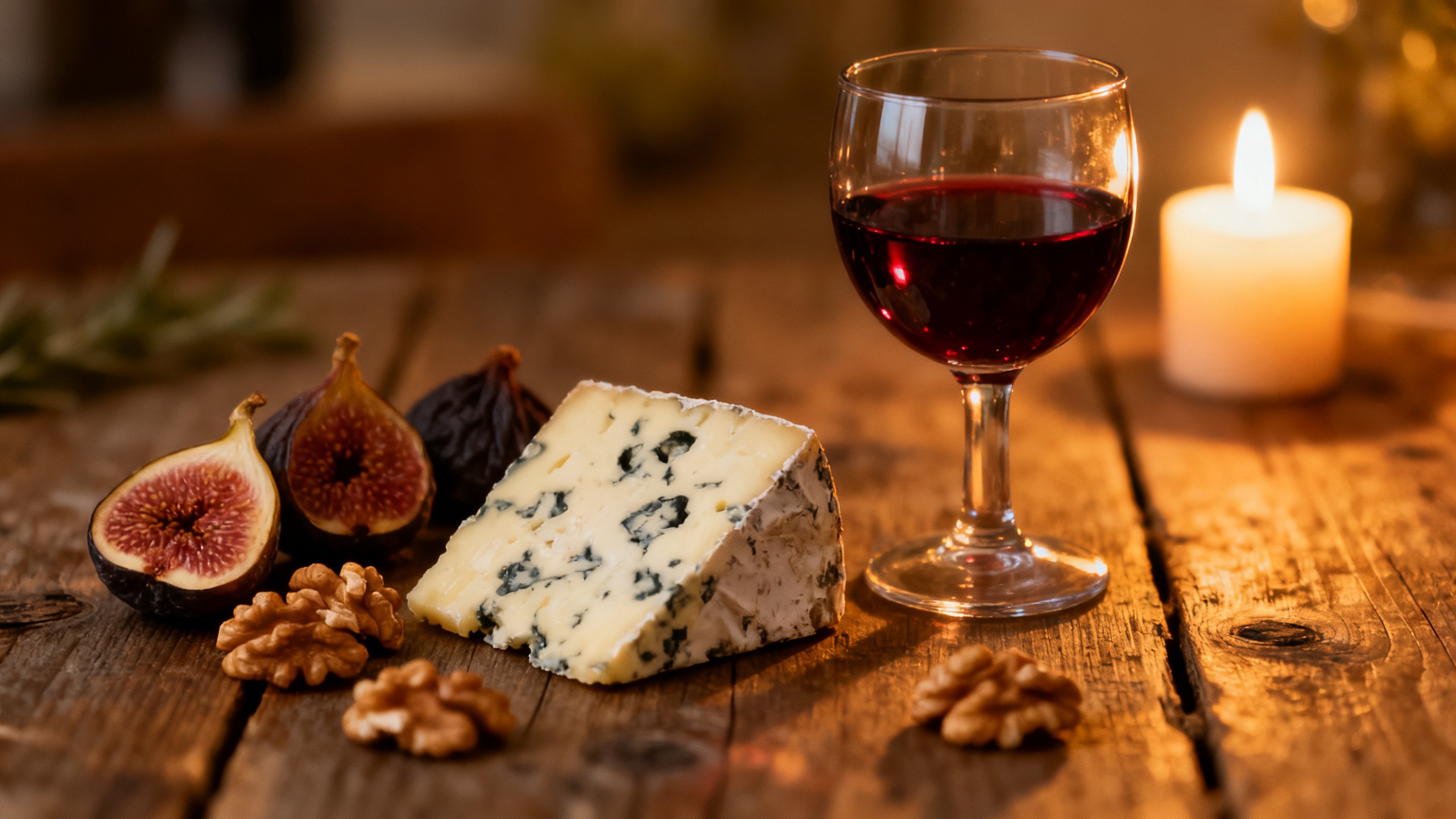 Verre de vin rouge avec roquefort, noix et figues sèches sur table rustique