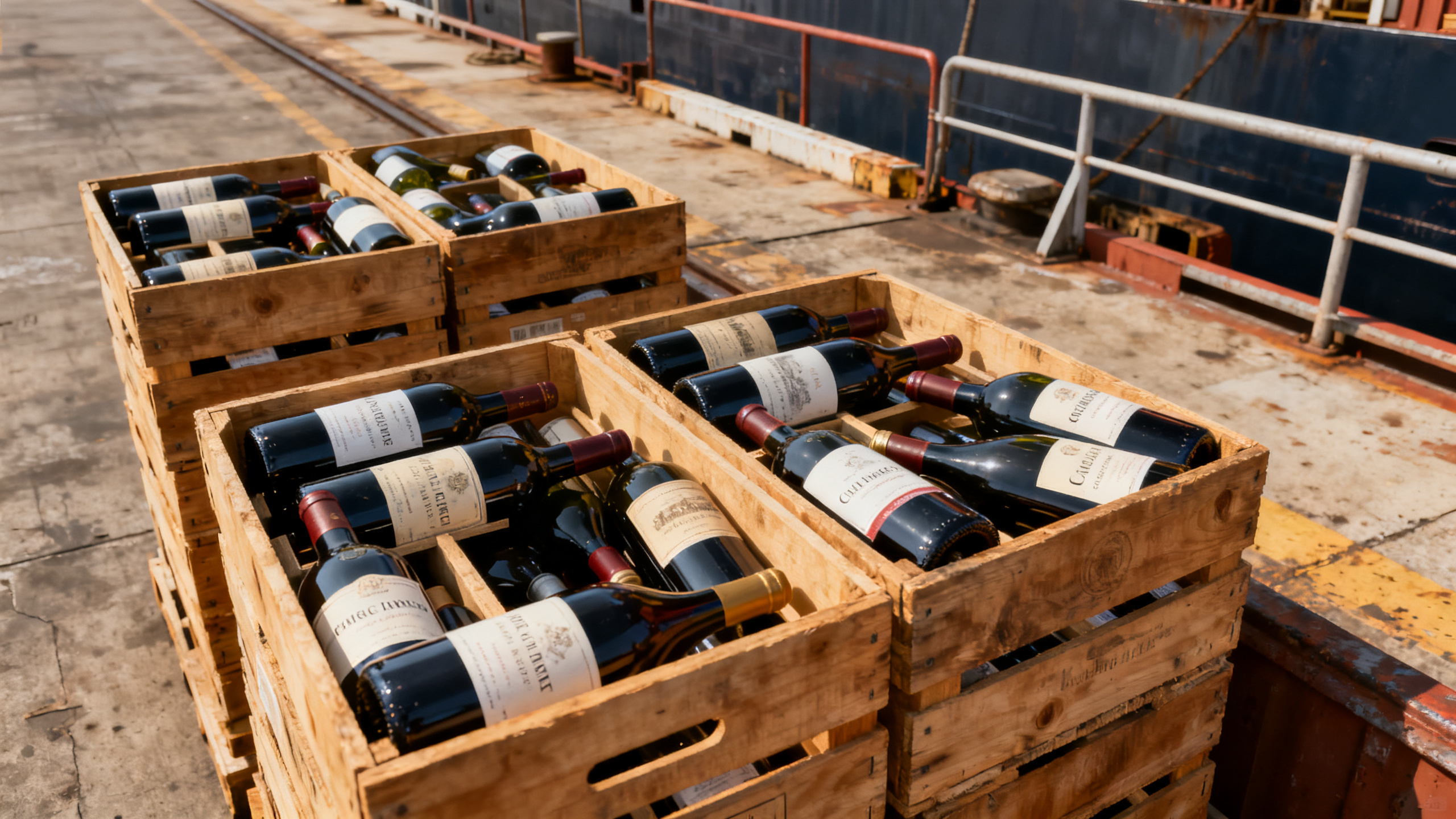 Caisses de vin français prêtes à exporter vers les États-Unis