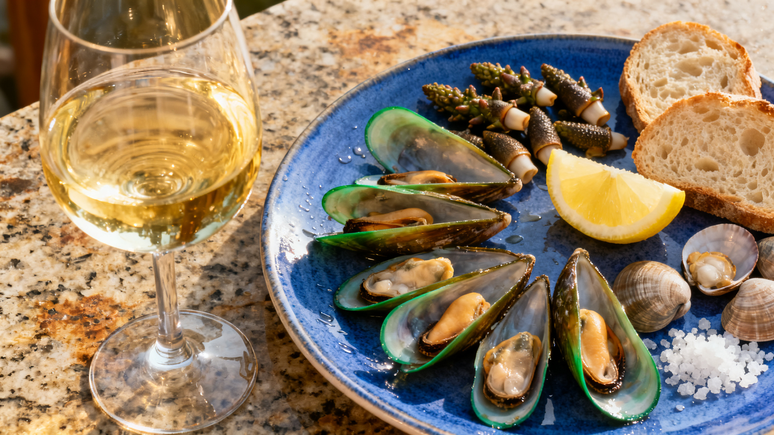 Verre d Albariño doré pâle accompagné de moules, percebes et palourdes — table galicienne